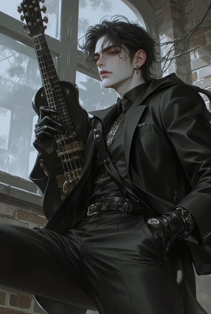 Rock style guitarist wearing a mystical top hat with a dark theme, num lugar devastado, super realista