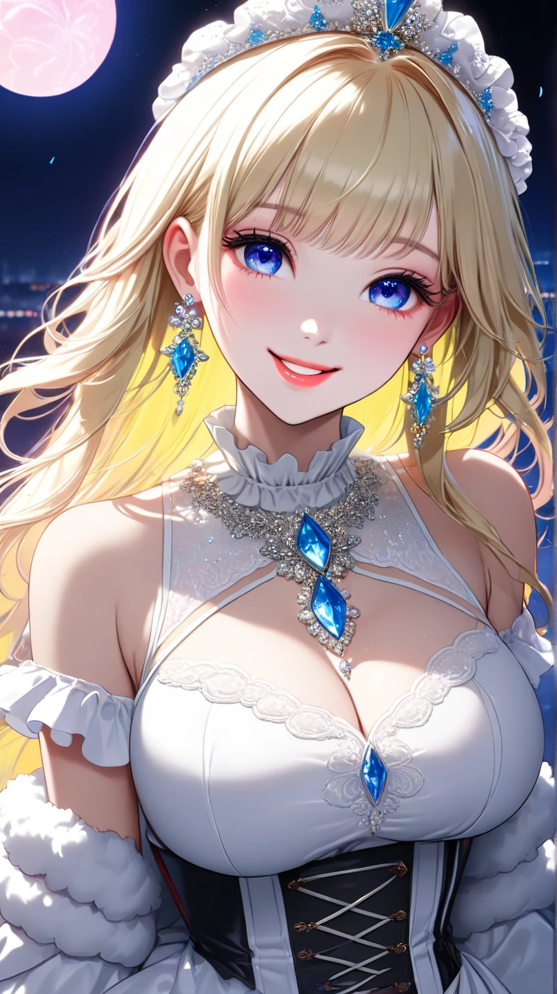ultra-detailed, ((one girl)), (pale skin:1.3), gyaru, ((blue eyes)), (heavy makeup), hyper detailed, absurdres, 8K, Beautiful Face, (Laugh shyly), ((teasing smile:1.8)), ((Wink:1.7)), (Laugh with your mouth wide open),((Tilt your head:1.7)), View your viewers, ((full-face blushed:1.5)),Glossy Red Lips, ((Big Breasts:1.5)), ((show off breast)), (nipples slip), noon, on the train, (Brighten your face), ((Anime style background)),masterpiece, Highest quality, so beautiful,Latest, Complex details, (Pink long nails), (nail art), (ring),(bracelet), (Floral Choker),AI-generated, Complex,High resolution, Highest quality, super high quality,3D Images、3D Images,One person,Long white hair,(High Ponytail), (wavy hair:1.3), White haired anime woman posing for a photo, ((Fine grain、blue eyes、glowing eyes:1.5)), (Squint your eyes:1.1),a hyperRealistic , hyperRealistic , Realistic,Anime woman with long white hair, Smooth anime CG art, (A girl in a gorgeous black kimono), ((Black furisode:1.3)), (Gold embroidery), (Red floral embroidery), ((undressing)),  Long flower hair ornament,Floral Earrings,Mature Body, tall,Narrow waist, Sit in your seat, ((leaning forward:1.5), ((front view)),((Zoom up to face:1.3)),