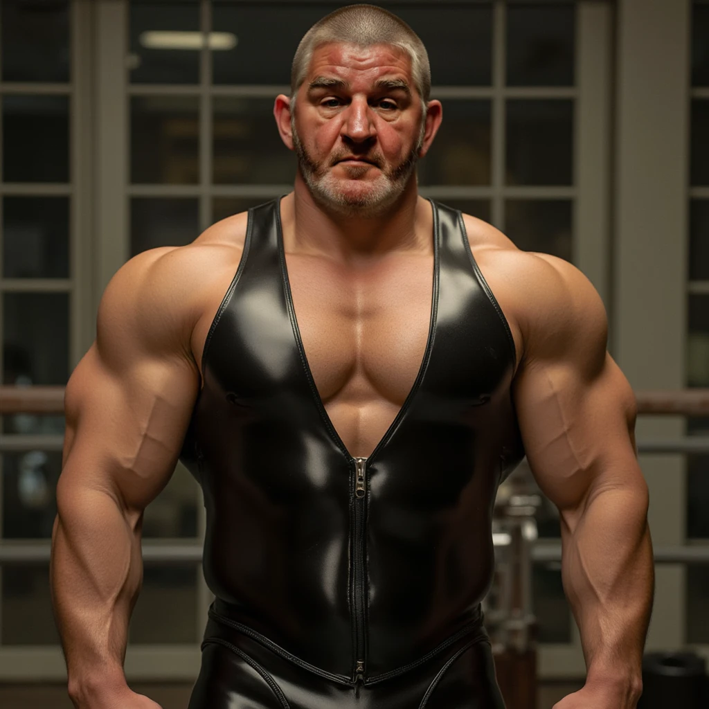 full body portrait, strong burly hairy mature older man(space captain), wearing futuristic captain's uniform insignia (neon and black) (open and revealing) (latex) , gray hair, broad shoulders, round belly, thick feet, bulging micro thong, barefoot, scifi spaceship captain uniform, neon lights, best quality elegant masterpiece, military buzzcut, dark mustache, gray stubble, latex, wearing a latex thong, big bulging crotch, futuristic gear equipment, wearing see through plastic chest armor (neon yellow and electric blue), wearing neon yellow see through chest armor, wearing electric blue latex chaps(see-through) , wearing cool neon sneakers,in spaceship cockpit, lying in spaceship sleeping quarters(bed) (view from above), smiling with teeth showing, nicebulge, waiting in bed, glowing armor, legs up(!) and spread(!) , big muscle ass, wet and dripping ass, hairy pecs, thick long legs, silver hair