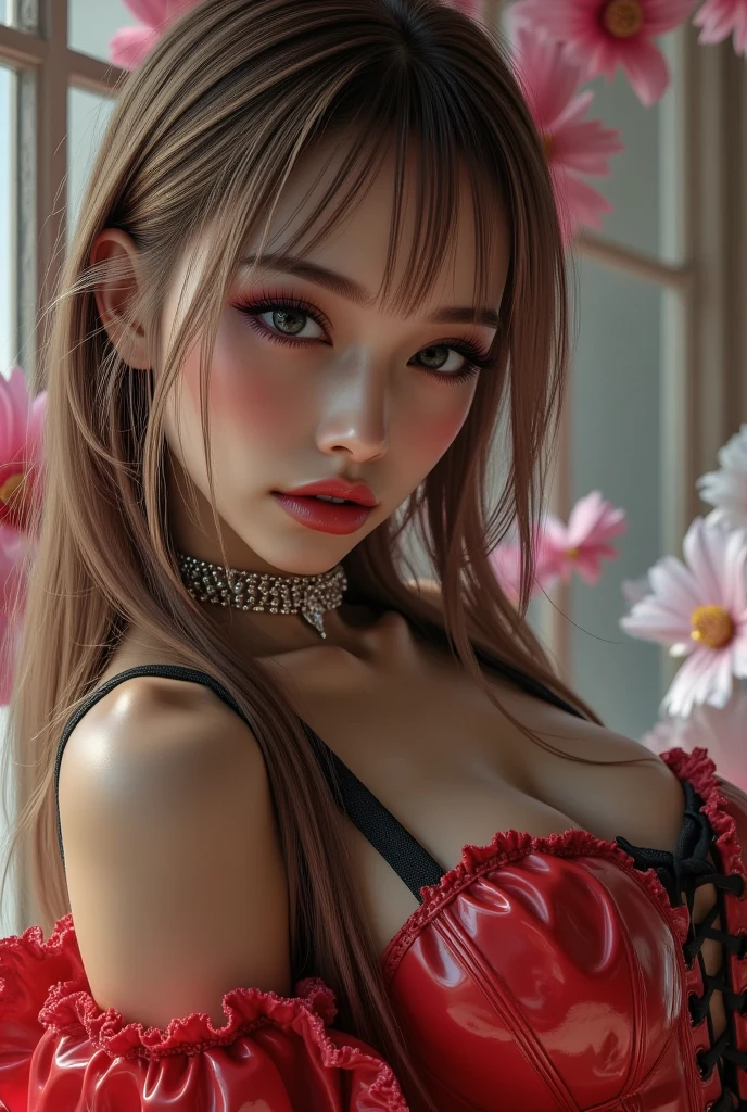 ((1 beautiful girl, gorgeous, large firm push up breasts,red dresses, neckline, 20 years old)),(white hairs, blue eyes),Raw photo,ultra realistic, uhd, realistic skin and hairs, best quality,16k resolution,vivid colors, (((the most beautiful cute girl faces in the world))), beautiful make up, cherry trees
