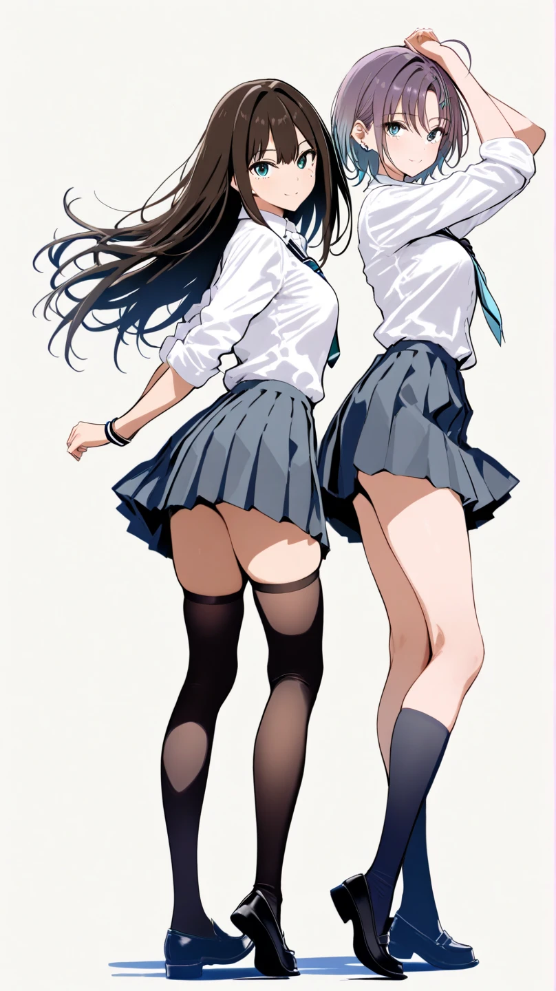 ((Highest quality)), ((masterpiece)), (High resolution), 8k, Best Shadow, The best natural light, Cinematic, (Two adult women climbing the stairs side by side), (Brown Hair,)、Looking back, bashful、blazer、Navy Check Skirt、(Navy blue socks)、((Rear view))、Angle from the rear, Navy blue socksにクローズアップ、Manga panel layout、Cartoon style、Manga Design、Station stairs、On the way to school, (Skirts that turn over in strong winds:1.4), Stylish white satin panties, Slender body,Beautiful thighs, Embarrassed look, Iori
