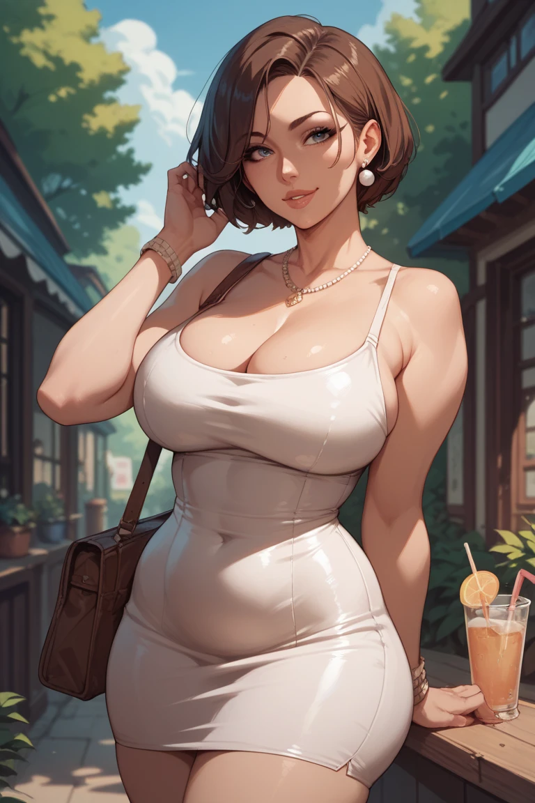 (highres, best quality:1.2), intricate details, vibrant image, sharpness, colorful,
ShioriNishimura, dark skin, dark-skinned female, solo, mature female, milf, looking at viewer, happy, smile, open mouth, blush, eating (ice cream:0.9), full body shot, park, city, outdoors, tree, sky,
brown hair, short hair, makeup, brown eyes, perfect eyes, perfect face, detailed face, (choker:1.1),
(red tank top:1.3), mini pencil skirt, navel, high_heels,
sweat, curvy, huge breasts, thighs, narrow waist,
<lora:ShioriNishimura:0.87>