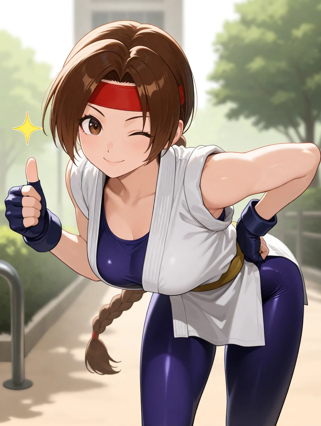 general, solo, 1girl,
 yuri_sakazaki, the_king_of_fighters, brown hair, single_braid, red_headband, brown eyes,
 dougi, spandex, fingerless gloves, ,
 ;), thumbs up, leaning_forward,
 , masterpiece, best quality, amazing quality, very aesthetic, high resolution, ultra-detailed, absurdres, newest, scenery, depth of field, volumetric lighting