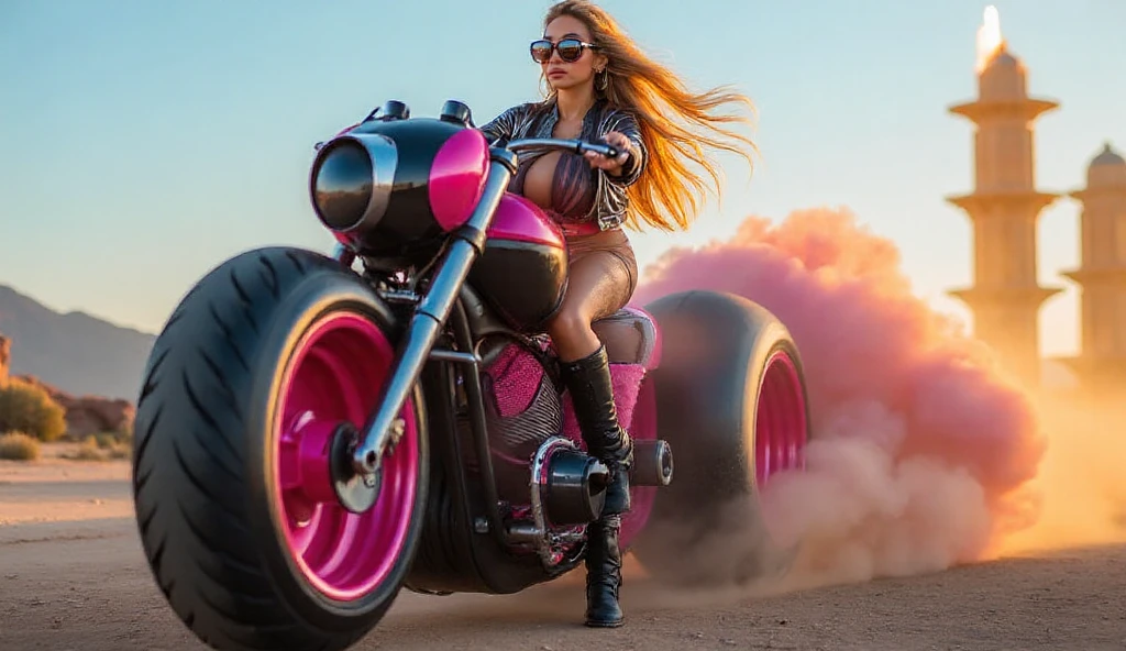 <lora:b1k3g1rl_burner:1> b1k3g1rl, from front, attractive woman, sitting astride bicycle, at burningman, three quarter profile, bicycle basket, decorated bicycle, bodysuit, cleavage, chopper, platform boots, (smile:0.4)