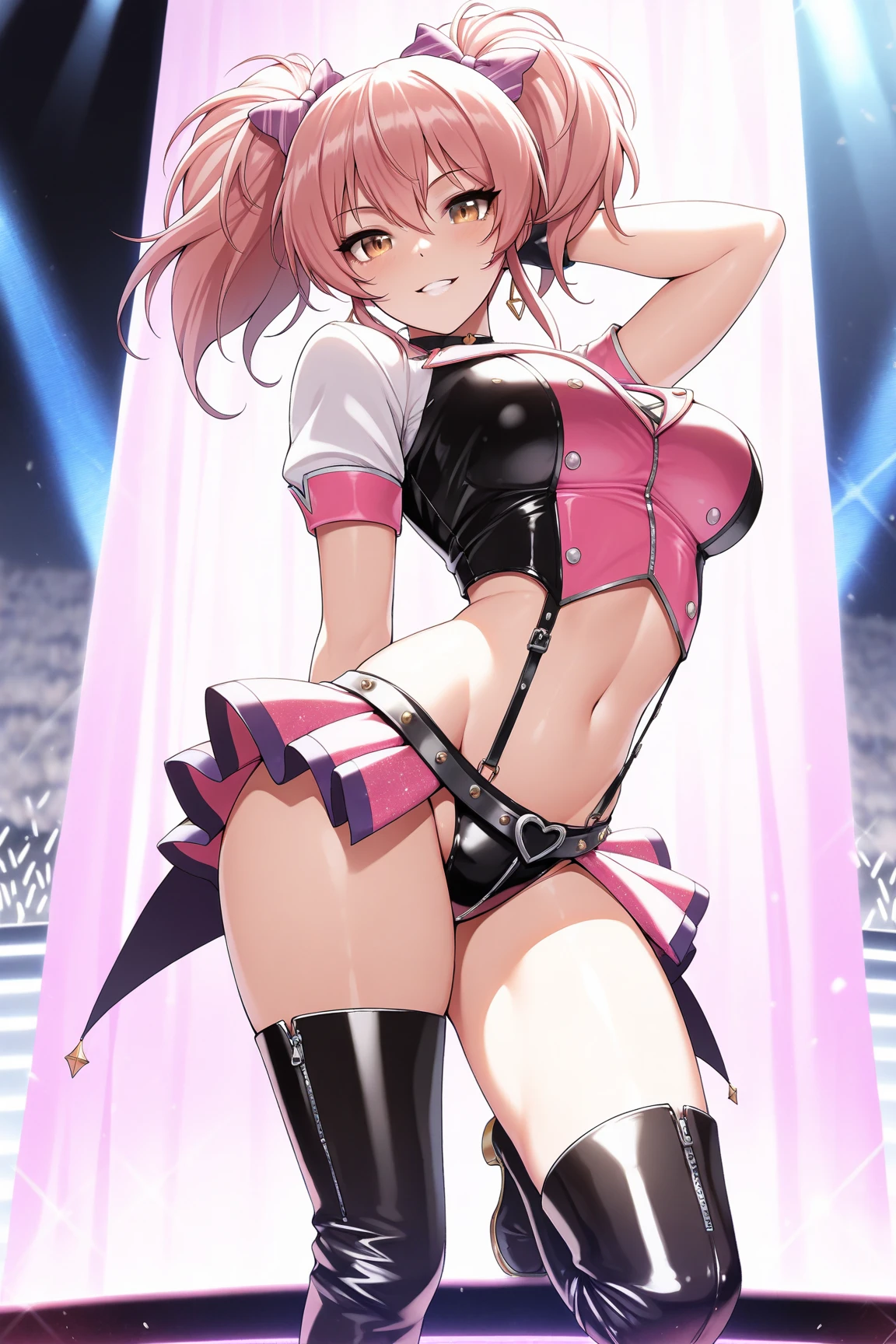 score_9_up, score_8_up, score_7_up, score_6_up, from below,standing, shy, embarrassed, blushing,  below view,straight-on,kujikawadancing, twintails, hair bow, headphones, white shirt, crop top, short sleeves, suspenders, pink skirt, black thighhighs, fingerless gloves, single glove, choker, midriff,navel. Zettai ryoiki, striped panties, anime screencap:0.8, official art, masterpiece, best quality,UHD,HDR,aesthetic,very aesthetic,,