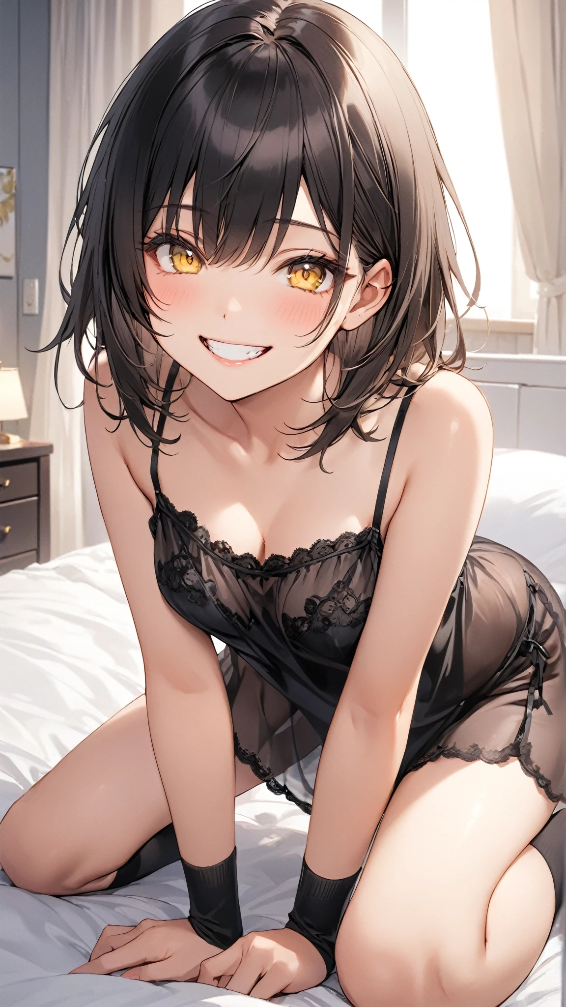 Hands Behind Back,Tied with hands behind back,lick,from front,front view,looking at viewer, looking ahead,from above,cowboy shot,1girl,Beautiful 14 year old girl,Japanese,Slender,,low length,Small breasts,Thin legs,Small Ass,Baby Face,Small face,Black Hair,Short Twin Tails,Gray Eyes,Drooping eyes,slit pupils,middle School girls,Black collar with black leash,A transparent black and green negligee,Sexy Lingerie,open mouth,tongue out,front face,Kneeling,Straight Stand,Beautiful and detailed anime art,Mischievous smile,Sexy vibe,cum on tongue,Dimly lit room,On the bed,Simple Background,Gray background,Low lighting,