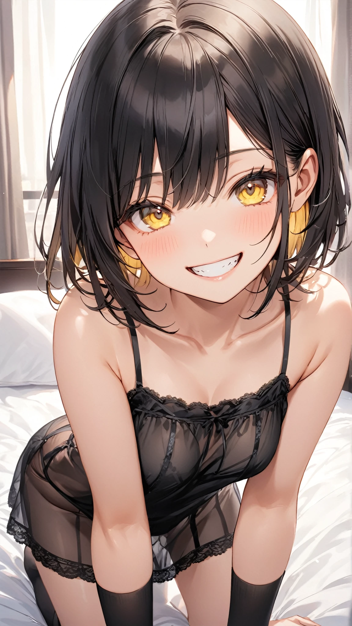 Hands behind back,Bind both hands,lick,open mouth,tongue out,cum on tongue,1girl,(((((12-year-old girl))))),(((((Short,))))),slender,small breasts ,front face,from front,front view,looking at viewer, looking ahead,from above,cowboy shot,Black Hair,Twin tails,Gray Eyes,Drooping eyes,slit pupils,narrow eyes.Mischievous smile,A transparent black and yellow negligee,Sexy Lingerie,Kneeling,Straight Stand,Collar with leash,Dimly lit room,On the bed,Simple Background,Gray background,Dim lighting,Beautiful and detailed anime art