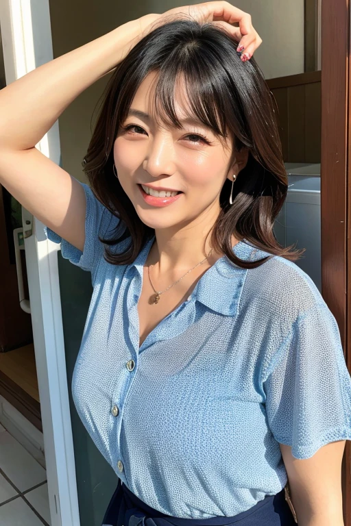 (top-quality, masterpiece,photo realistic,ultra-detailed,Textured skin:1.2),(from above), break (leaning her upper body down:1.2),(1 girl),
break (mini skirt),(shirts),
break (japanese mature woman),(45 years old),
break (natural hair style),natural eyeblow,smile,