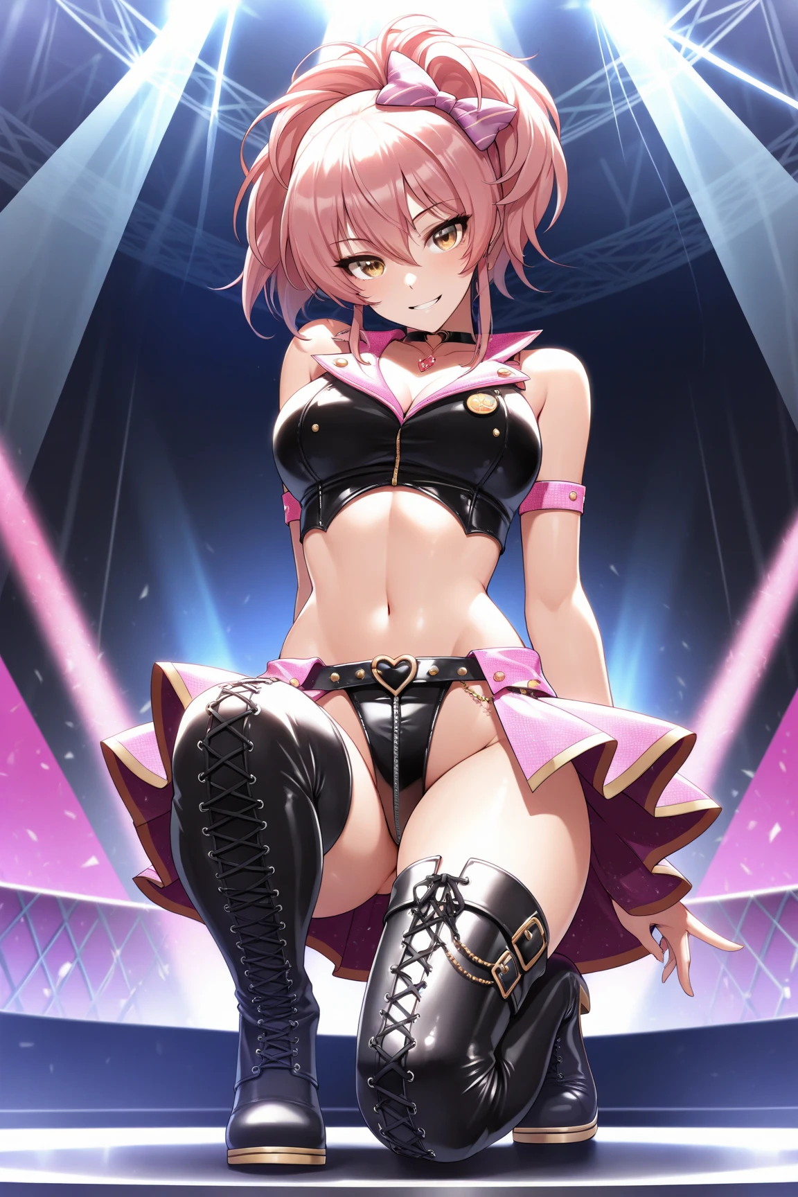masterpiece, thin pink hair, knight style, bob cut, miniskirt, knight uniform, smiling, boots, full body shot,crotch Swimwear bikini