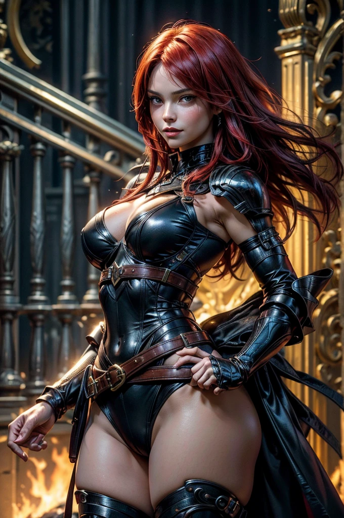 beautiful ginger women in detailed full length body latex super hero suit, air above hair, IPA award wining, masterpiece, ultimate lighting, art by top 5 artstation artists, spectacular view, chromatic aberration