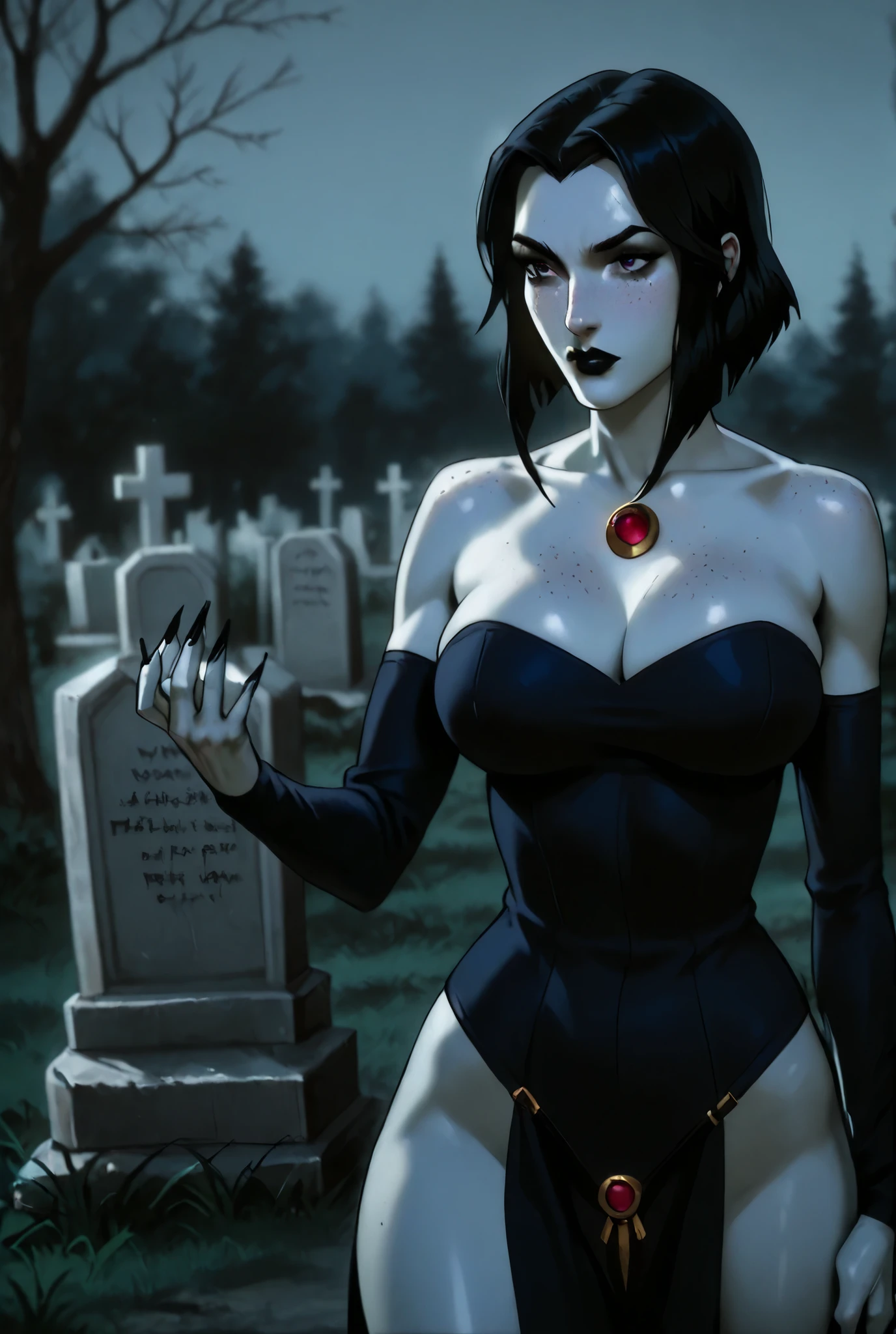 (grey skin:1.4), (solo:1.1),(masterpiece), (best quality:1.3), highly detailed, intricate, professional art, digital art, absurdres, Shadraven, grey skin, 1girl, solo, (Full body:1.1) ,dark purple hair, dark purple hooded cloak, bob hair, red jewel in forehead, gold belt with red jewels, gold hoop earrings ,high heels, purple eyes, (black long sleeve leotard 1:1), pear shaped figure, small breasts, (small breasts:1.1), covered breasts), (aroused:1.2), futanari, (huge :1.1), medium penis, grey penis:1.4, veiny penis, dark penis head, bubble butt, thick thighs, pubic hair, huge testicles, clothing pulled aside for penis, huge testicle bulge between thighs , (black makeup 1:1), Black lipstick, full lips, BREAK outdoors, dim lighting, graveyard, BREAK fontal view, standing, legs spread apart, BREAK