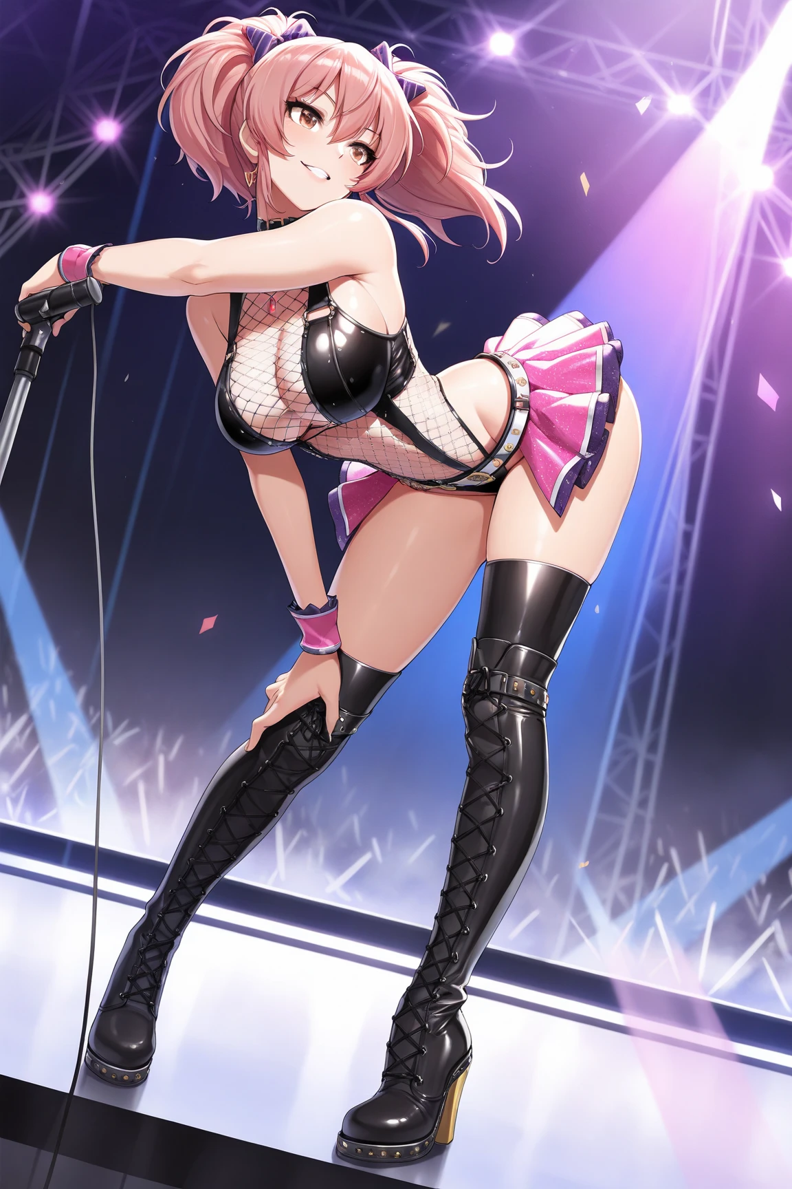 masterpiece、Brown Hair、sexy、Idle suit、belly button、Fishnet tights、High heels、stage、microphone、Sticking out tongue、Estrus