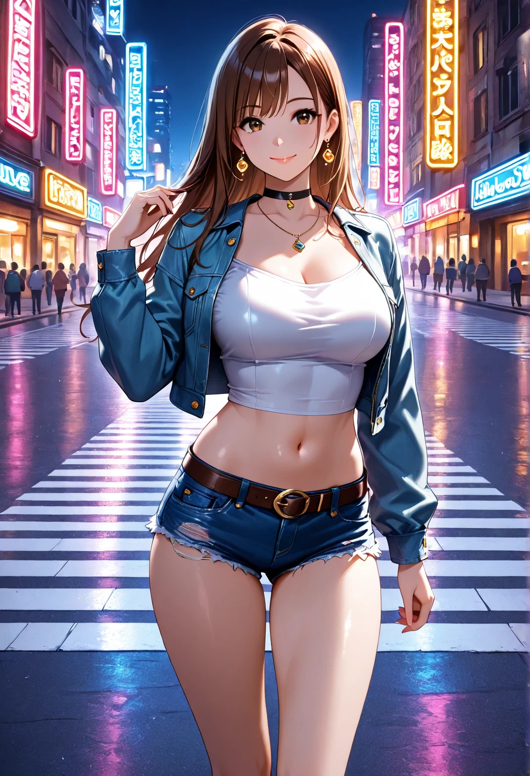 (1 girl, solo),Best quality, full body portrait, delicate face,brown long hair, bob haircut, forehead, 18 year old girl, slim figure, huge bust, loose oversized u-neck crop top full sleeved shhirt, cleavage,(under boobs:1.4), crotch gap, cameltoe, over shirt shorts, seen string of bikini bottoms, sunset bridge, vintage vespa behind, scene, standing tall, long leg , necklace, rings, earrings, bracelet, watch, open legs, araffe woman in shorts and a white top walking down a street, photorealistic perfect body, anime girl in real life, realistic anime 3 d style, sexy girl wearing shorts, at a city street, hyperrealistic full figure, bra and shorts streetwear, beautiful model girl, cyberpunk 2 0 y. o model girl, fashion model, hyper realistic anime, small waist, naval piercing, bellybutton pierced, nightlife,visible bra,denim shorts,tight ass, slutty,at night photo, night photography,brown hair(night outdoors)