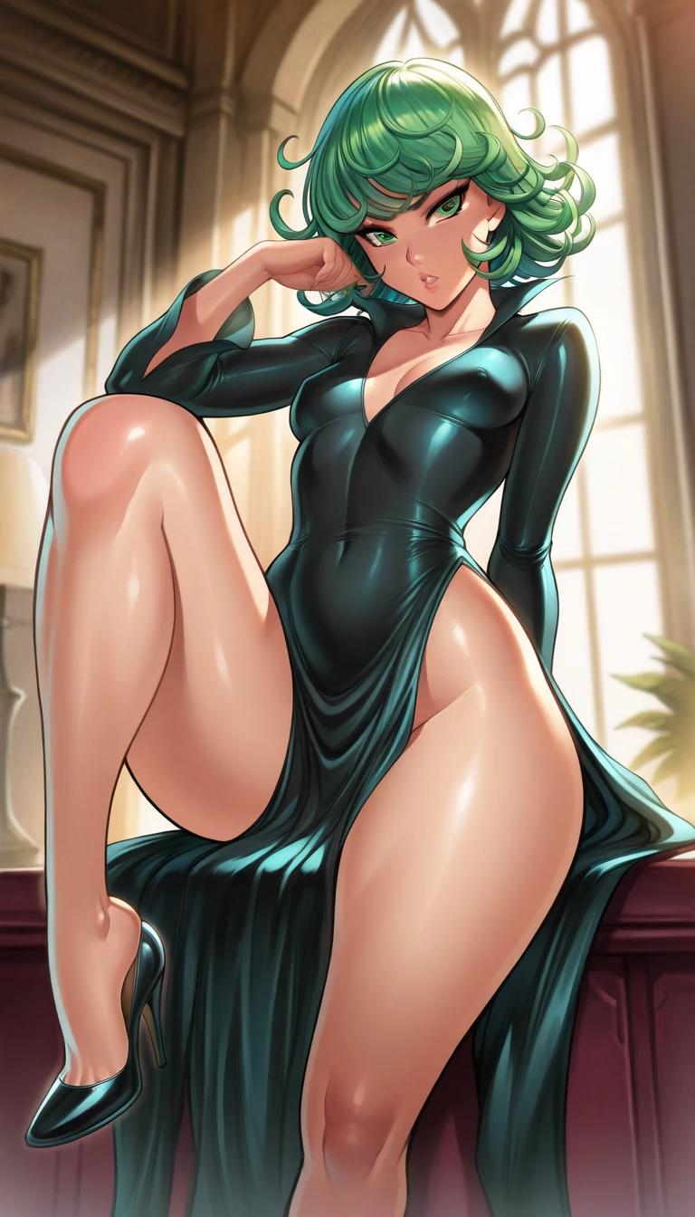 (obra-prima, melhor qualidade: 1.2), pose de modelo sexy, solo, 1girl, tatsumaki, luxurioso, seios grandes, boca fechada, olhando para o espectador, black study, nuvens, erotic