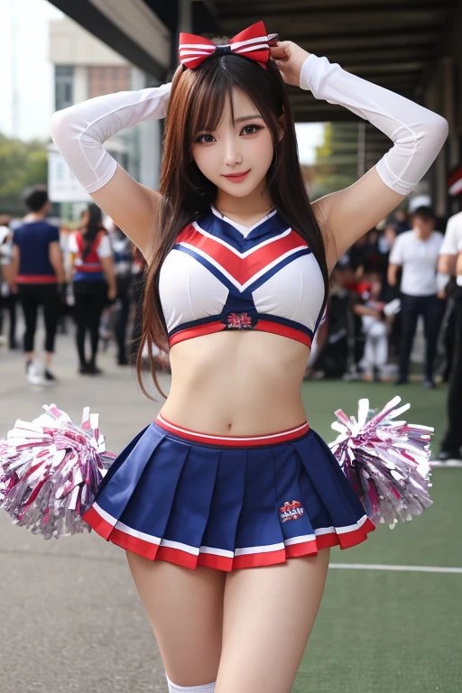 (highest quality, 8k, 32k), masterpiece,(ultra high resolution,realistic:1.4,RAW photo), (Super detailed,caustics),sexy pictures,1girl, big breasts, big breasts, Japanese, black hair, bangs, long hair (long hair: 1.4), (RAW shooting:1.2)、(Photoreal:1.4)、(masterpiece:1.3)、(highest quality:1.4)、Beautiful woman、beautiful eyes、eyelash、beautiful double eyelids、eye shadow、perfect eye makeup、solo、cute、smile gently、more skin、(big and full breasts:1.3)、beautiful breasts、(cleavage)、(erect nipples:1.2)、(cheerleader:1.5)、(mini skirt)、美しくてthin legs、(beauty of perfect figure:1.3)、shiny skin、(A dynamic pose reminiscent of cheerleading:1.5)、(2 large candies:1.3)、make eye contact with the camera、Being in the city of Shibuya、noon, sexy navel、thin legs、(very sexy:1.3)、Bokeh、obscene、erotic、