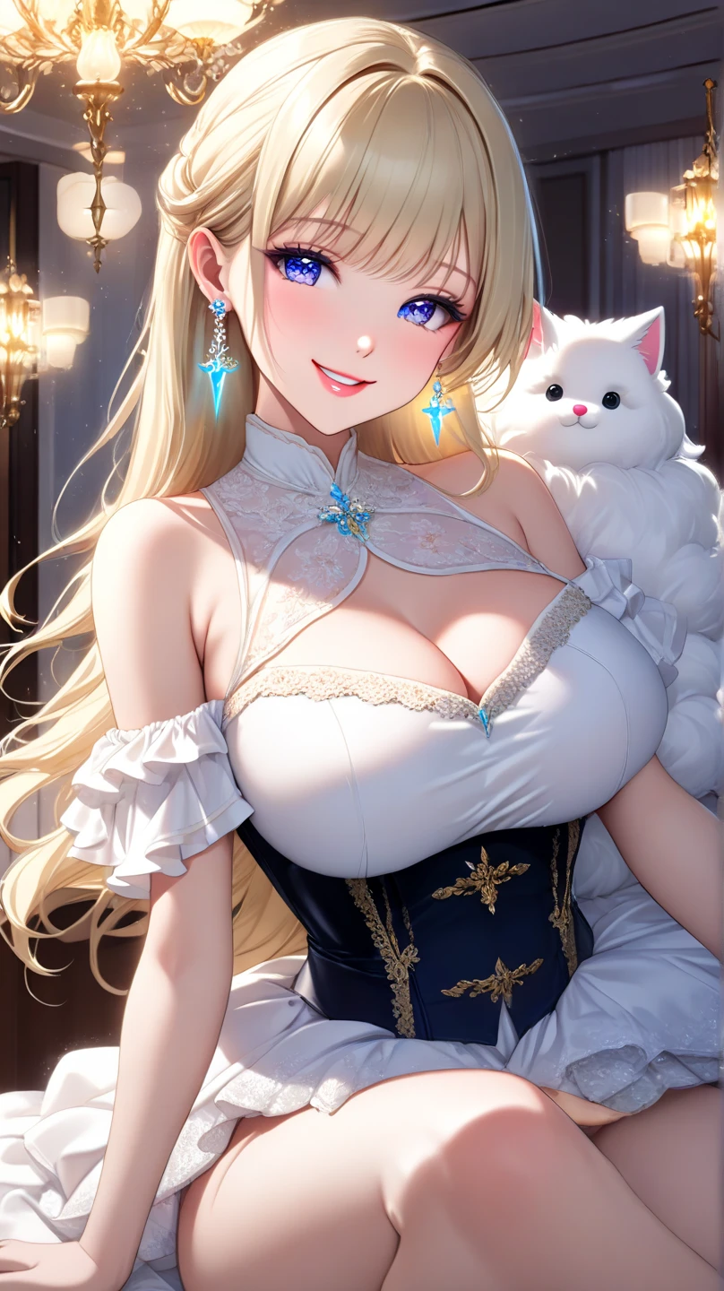 (masterpiece, best)), (1girl), (mature woman), Gold hair, open-chest seduction, flared, (kemonomimi Angel lady), bangs, medium breasts, (full), slim, smile, [wide hips], standing, 8K picture quality, sexy seduction, (open-chest) (Sharp focus: 1.5), (sharp focus:1.2), (beautiful face:1.1), (eye makeup:1.2), (tight body:1.2), (flowery dress:1.2) (heaven gates:1.2). (morning sun lighting:1.2), ((Masterpiece)), (highest quality))), (Character design sheet, national costume, same character, front, side, back), (simple background, white background: 1.3) ( Masterpiece:1.2), (Best Quality:1.3) (best quality:1.1) realistic:1.37 long, flowing:1.1 luscious, plump:1.1 sparkling sequins:1.1 subtle, White and Gold:0.9 soft, warm:1.1 best quality,4k,8k,highres,masterpiece:1.2, realistic,photorealistic,photo-realistic:1.37, ultra-detailed:1.1 busty animal ears, beautiful, detailed ears:1.1 best quality, 4k, highres, masterpiece:1.2 detailed, piercing eyes:1.1 4k, 8k, highres, masterpiece:1.2 very three-dimensional: 1.2 (8k, best quality, masterpiece:1.2 ((masterpiece, best))