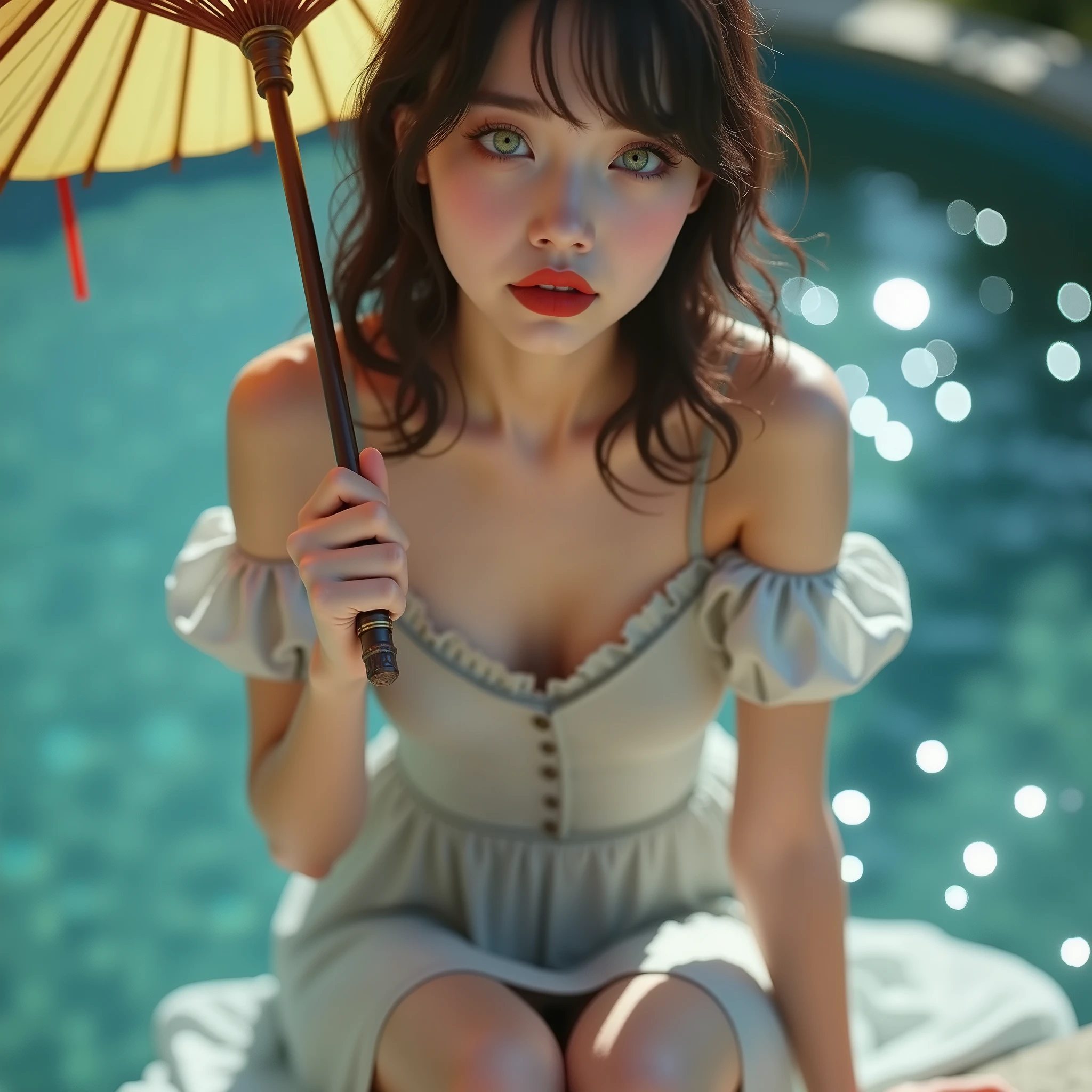 ((RAW Photo), Absurds, (Absurd Resolution)), (Masterpiece, Best Quality), ((Hyperrealism, Photorealistic)), (AI Fantasy), (masterpiece, highest quality, amazing quality), (realistic pupil, deep green eyes), (beautiful woman, 21 years old), (haiz_ai, cknc style), (brunette girl, loose curly hair, brown color), red lips, (ruffled dress, low sneakers, white stockings), (sitting on the edge of a fountain), (holding Chinese paper umbrella), (background: light reflections), (Duck face or duck lips, photographic pose, Photographic Perspective). «SunPuma S»