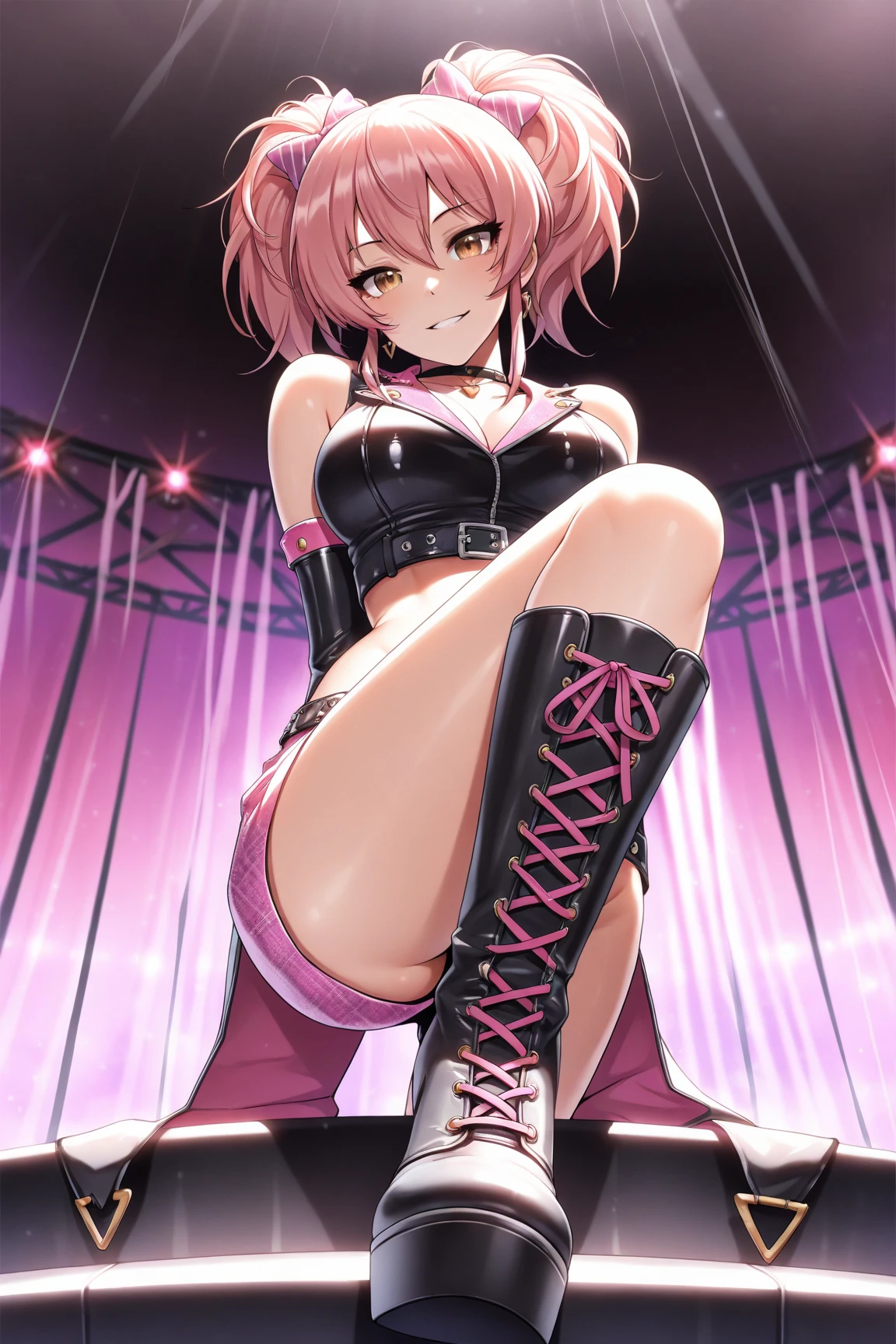 masterpiece, best quality, very aesthetic, absurdres,nsfw,1girl lunamaria hawke, woman , blushing, mouth open, tongue out, seductive expression, squatting, panties, boots, pole dance, strip club, low lighting, erotic, looking up, legs spread, frontal view, close-up