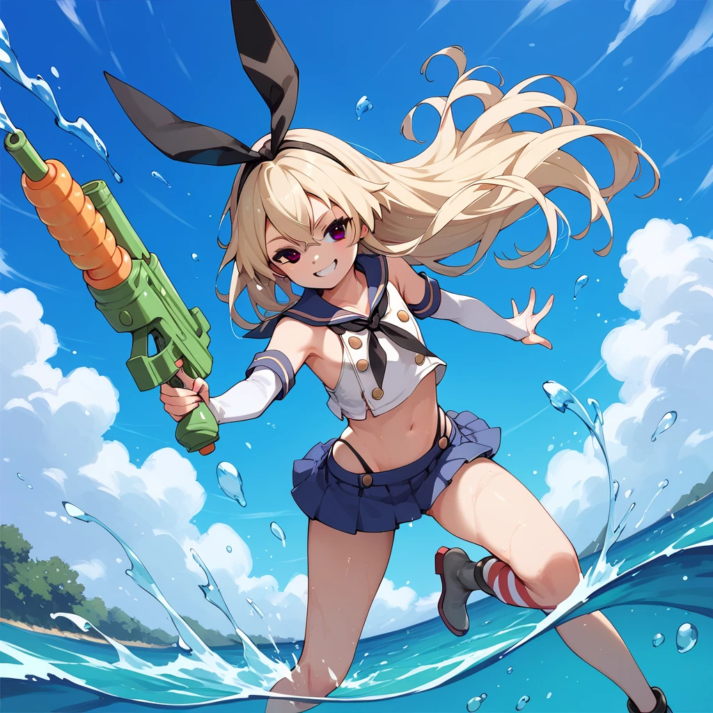 ((Masterpiece)), ((Best Quality)), (Very Detailed), ((Very Detailed)), 4K, (8K), very aesthetic, absurdres highres, 1girl, (anthropomorphic rabbit, furry, kemono:1.8), breasts, swimsuit, bikini, solo, grey hair, black bikini, (water gun:1.8), navel, choker, black choker, cleavage, thigh strap, outdoors, looking at viewer, smile, large breasts, side-tie bikini bottom, tail, day, rabbit girl, blue eyes, open mouth, water, wet, ass visible through thighs, stomach, thigh gap, sky, holding, cowboy shot, sunlight, bare shoulders, collarbone, blush, ocean, blue sky, halterneck, jewelry, thighs, leaning forward, cloud, armpits, pendant, standing,