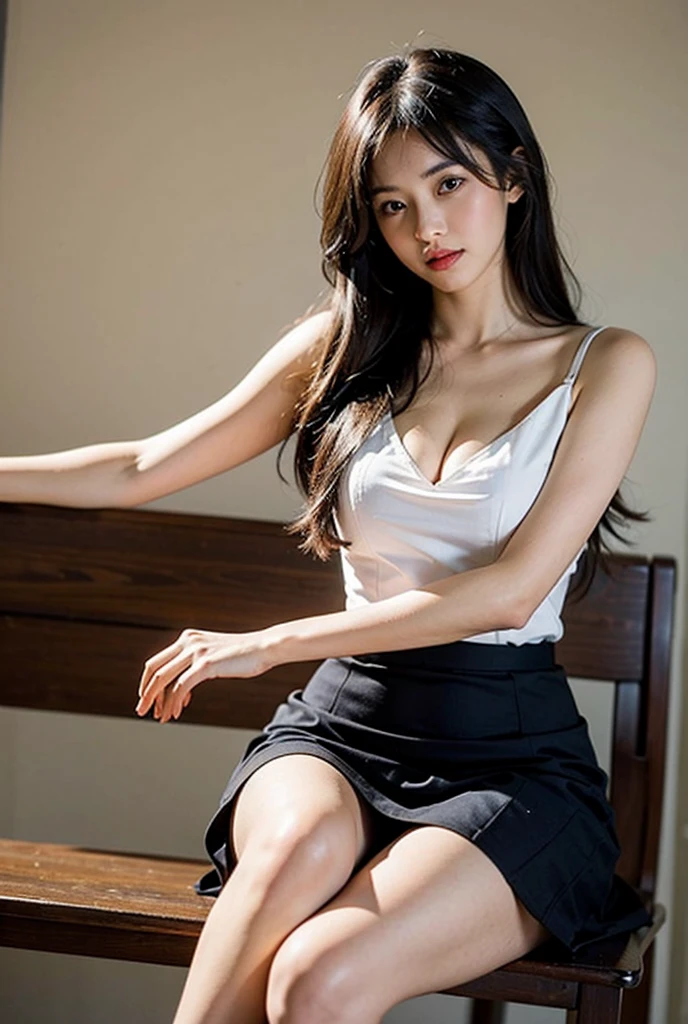 (8k, best quality, masterpiece: 1.2), highly detailed, Masterpiece, realistic lighting, masterpiece, best quality, masterpiece, official artwork, highly detailed 8k unity CG wallpaper, 17 year old Indonesian age girl of Javanese descent, long black hair tied with a long cyan ribbon with horsetail motif, graceful and beautiful, full of charm, smiling sweetly and happily, wearing a long transparent white shirt with small straps, clearly visible cleavage, belt, transparent cyan mini skirt, barefoot, slim body and tall, sitting elegantly on a leather sofa facing forward.