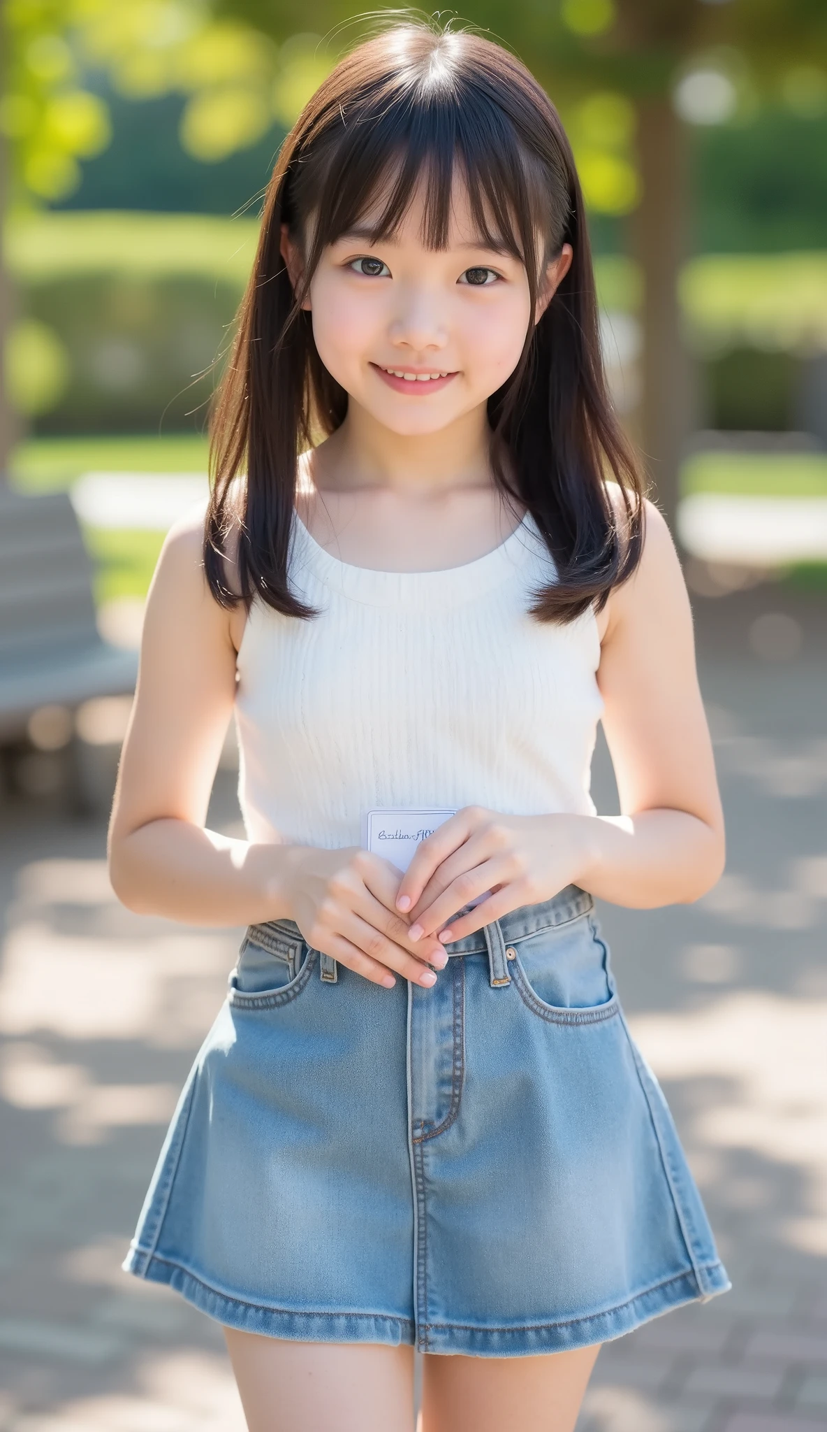 Cute Lolly,Japanese girl,hyperreal,high definition,Highest Quality,8k, Exquisite Details ,(elementary school student,short,baby face:1.3),(Tank Top,DENIM MINI SKIRT),staring at the viewer,depth of field,full body,5 girls in the back,playground,delicate skin,ephemeral expression,fluffy hair, delicate hands and feet,Blushed Cheeks,plump lips,small breasts,seductive gaze,graceful behavior, beautiful posture,see-through lace,Shadow,Enchanting Atmosphere,soft lighting for the landscape,ぼかしたBokeh,HDR,UHD,Studio Lighting,super precise depiction,realistic,sexy posing wearing,Physically Based Rendering,Extreme Details,Professional,Vivid colors,Bokeh
