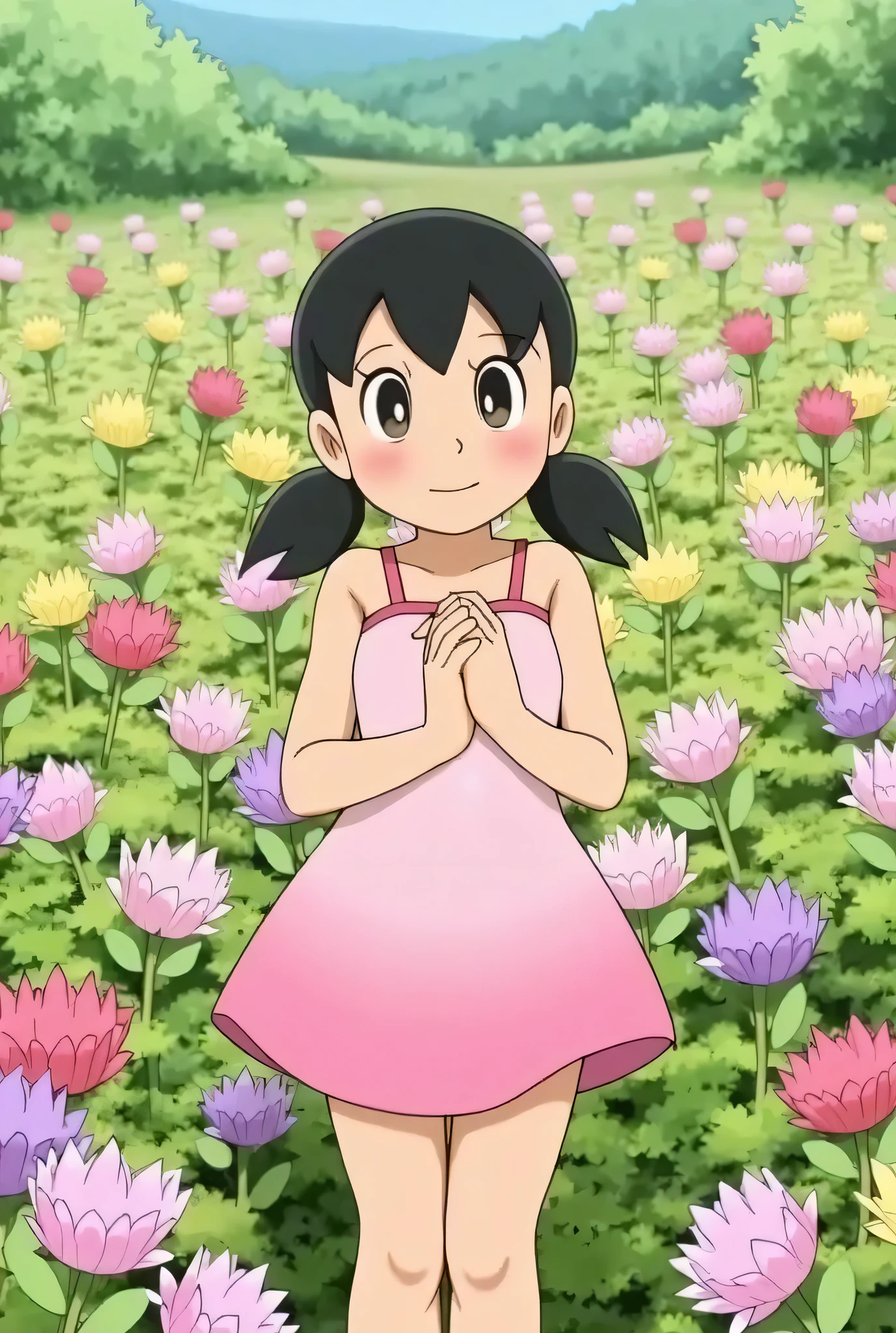 Minamoto Shizuka、pink dress、Flower Field、 with hands folded in front of chest、Her cheeks are blushing and smiling
