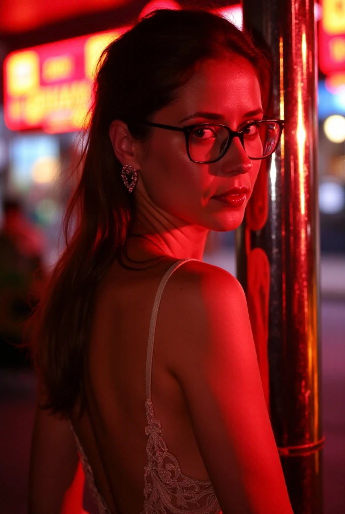 18 year old, prostitute, standing in a doorway, skimpy bikini, under red light, amsterdam, front view