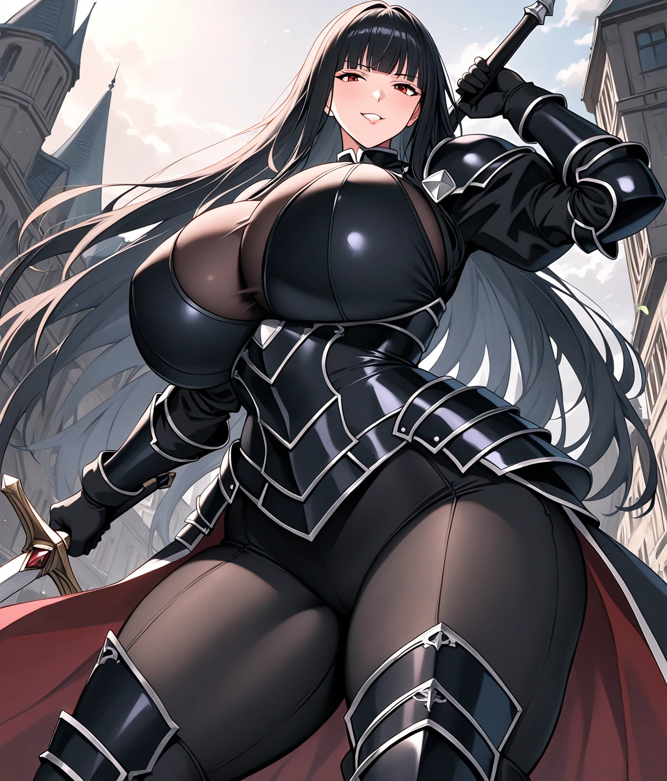 ((solo)), 1girl, ((curvy: 1.3)), ((skindantation: 1.5)), perfect face, ((azur lane)), ((white paladin armor: 1.2)), ((skin-tight glossy white leotard)), ((white armored dress: 1.3)), (Ultra high leg: 1.5), ((skin-tight black Investigator Bodystocking)), ((pauldron)), (white long gauntlet gloves), ((black glossy hair long straight hair)), ((Compressed soft big saggy breasts)), (thighs), ((tight thigh boots)), ((See-through black cleavage)), Perfect and beautiful blue eyes, Perfect hands, perfect fingers, Cat ears, (makeup: 0.8), (cameltoe: 0.8), cowboy shot, Holding a spear in hand, Ready your spear, ((UHD)), ((masterpiece)), ((hyperrealistic)), anatomically correct, accurate, high quality, extremely detailed,