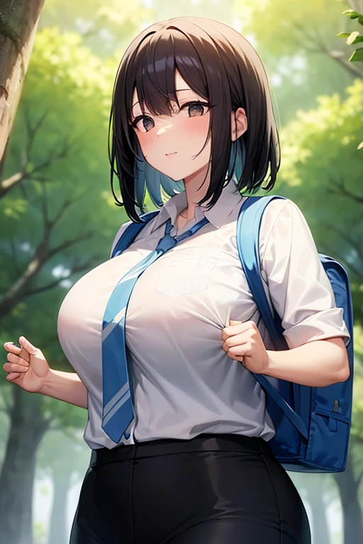 masterpiece, absurdres, ultra-detailed, Yamada Anna, 1girl, solo, long hair, blush, large breasts, black hair, long sleeves, brown eyes, , jacket, white shirt, pleated skirt, collared shirt, blue skirt, blazer, cardigan, blue jacket, (realistic:0.35), blush, smile, from above, looking at viewer, outdoors, outdoors, sitting on grass, colorful, breast pocket, messy bangs
