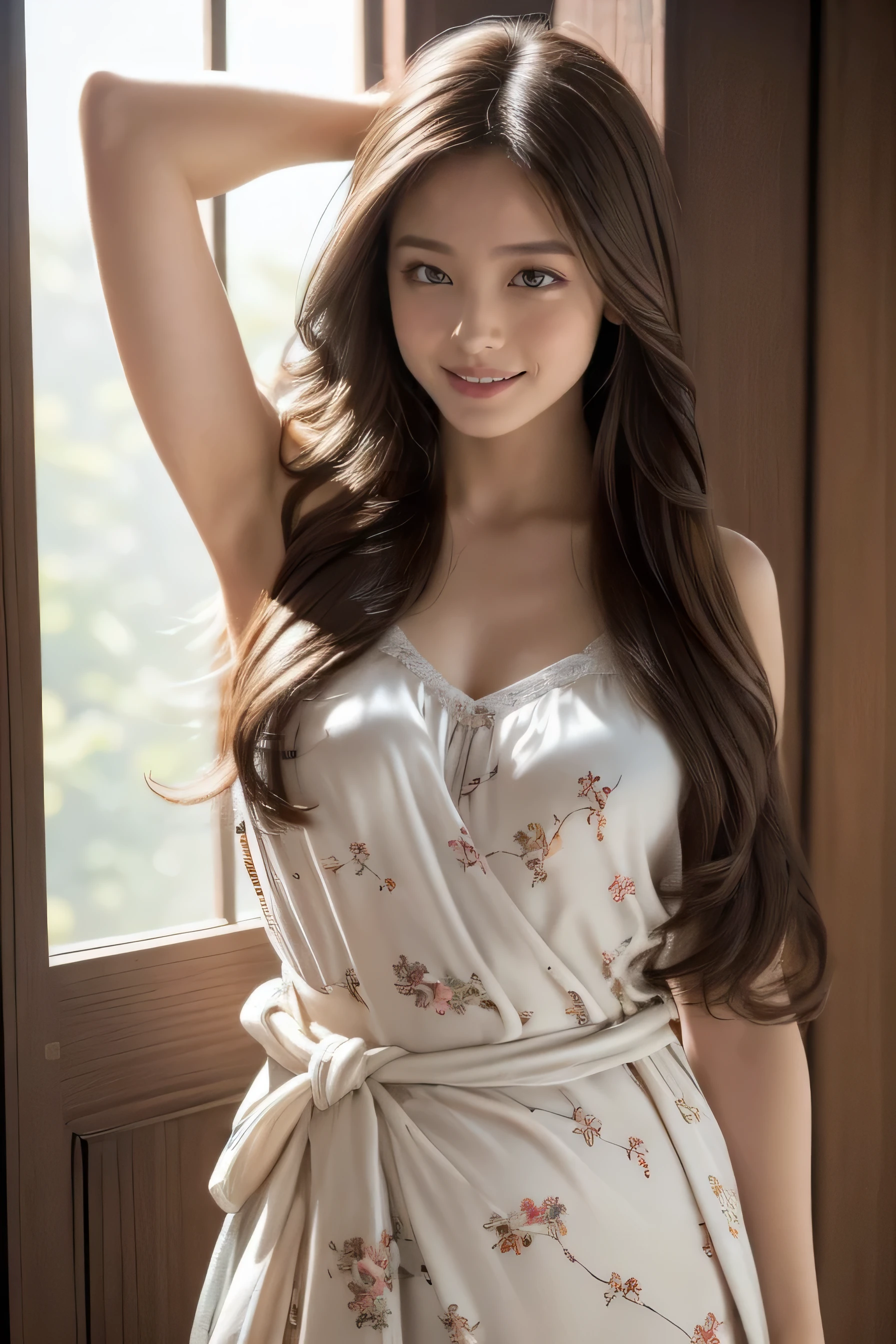 (8k、RAW photo、highest quality、masterpiece:1.2)、(real、photorealistic:1.37)、1girl、dress、green eyes、long hair、Ultra-detailed cloth、beautiful decoration of dress、((Hair with loose waves inside:1.2)),((Super long brown hair:1.2))((shy smile:1.3)),1girl in、Completely naked