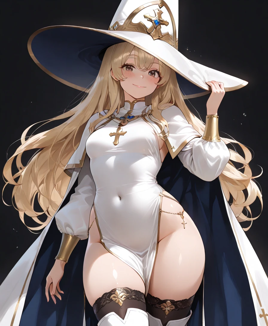 (Masterpiece, Best quality, ultra high resolution),1girl, dark brown skin, blonde hair, large breasts, thick thighs, white witches robe and white hat, beautiful and detailed face, detailed eyes, detailed nose, the stars in the background