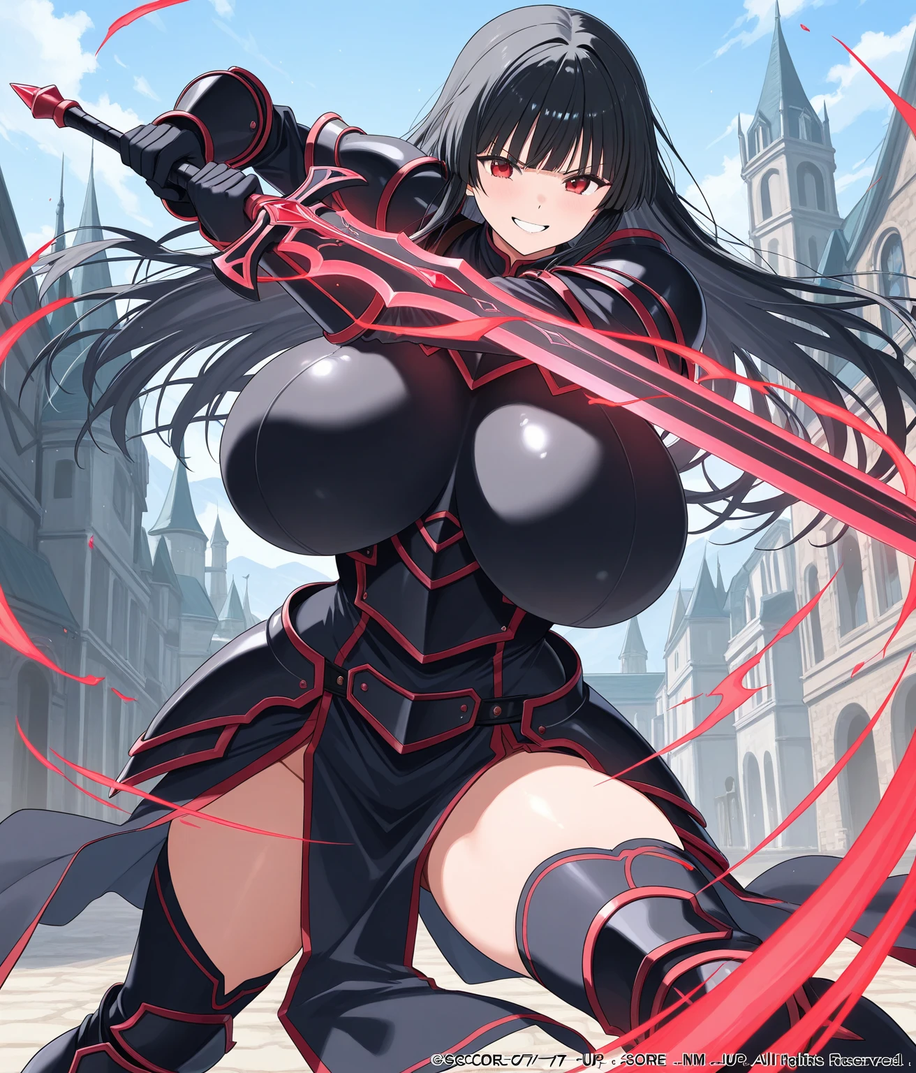 female knight Black Hair armor Torn white skirt No underwear battlefield Big Breasts Nipples