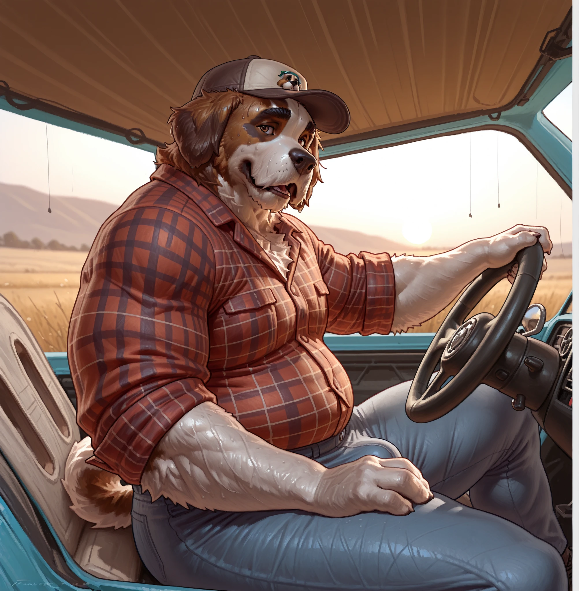 Taran Fiddler , ((A sweet old anthro Saint Bernard dog sits in his pickup truck.)) 3/4 view , solo , Saint Bernard dog , canine , male , older male , mature male , elderly male , wrinkles , jowls , bushy eyebrows , hairy , overweight , sweating , panting , wide hips , thick thighs , sitting , driving , steering wheel , gear shift , jeans , bulge , flannel shirt, rolled up sleeves, trucker hat , looking down at viewer , mustache , grandpa , golden hour, sunshine, low angle view, close up, Polaroid picture, light bloom