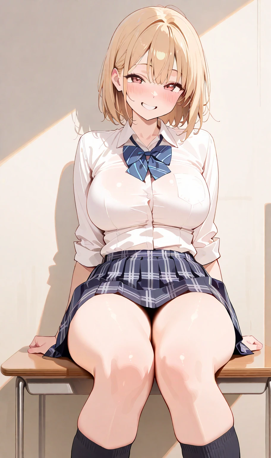 (8k、Highest quality、highest quality、masterpiece)、Detailed face、One girl、blondes、 ((Brown skin:1.4))、blondes、short hair、Grey Eyes、blush、Embarrassing、Embarrassed、Open your mouth、big breasts、((naked pussy)、Full body portrait、kirt Lift、Sailor suit、School uniforms、White knee-high socks、Black Loafers、pussy big penis、