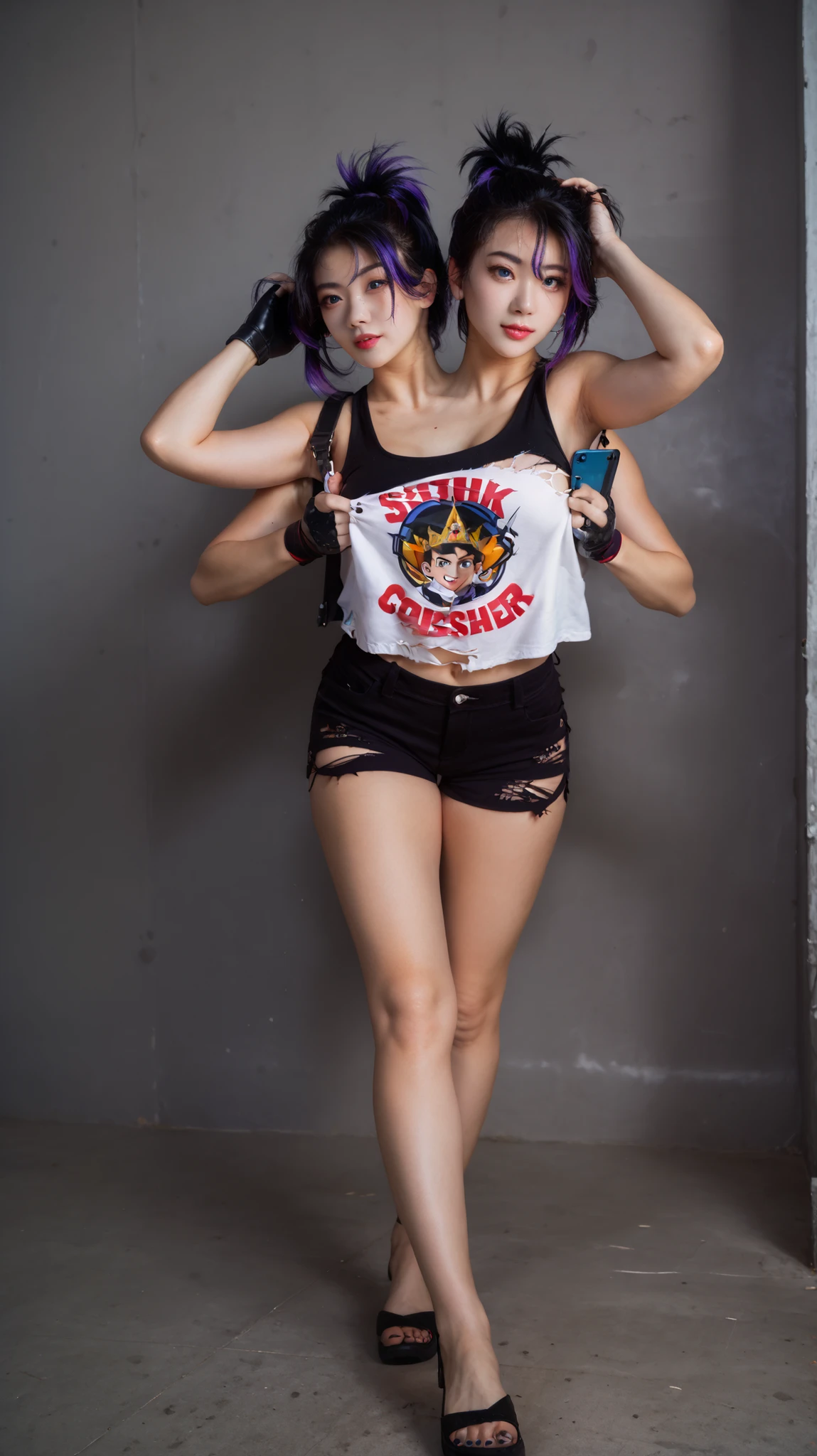 best resolution,anime woman with two heads, blue eyes, different hair colors, purple hair, black hair, different hairstyles, different hair-lengths, short hair, long hair, spiky hair, straight hair, hair down, tanktop, one shoulder bare, torn split color shorts, gloves, high leather bootschokers,four arms, kpop