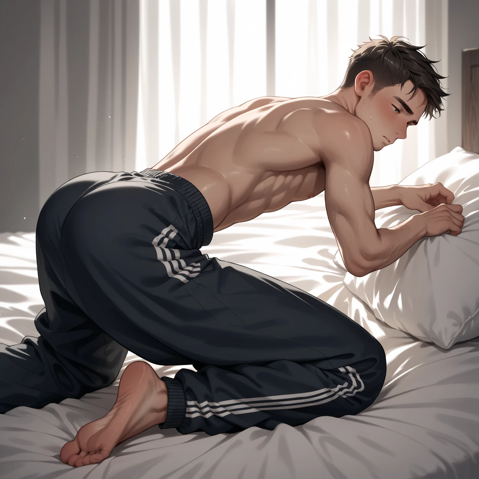 Boy scrunching his sweaty soles in dirty socks while laying in bed