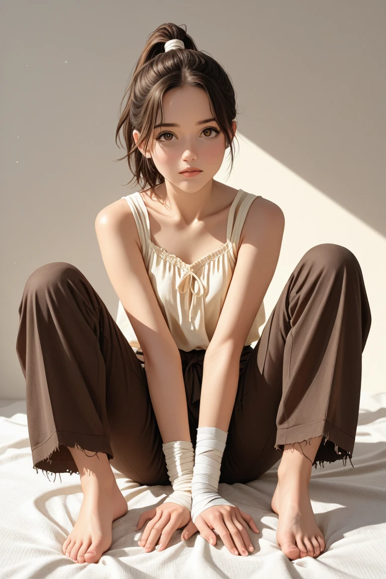Loose Clothes, bandages and dressings, sitting in an armchair, reading, mansion, next to the window, Youngh, adolescent, strong jaw line, relaxed features, short wavy hair, caramel skin, hazel eyes, Arabic, Kizi, shorth hair, Loose Clothes, sweater, pants