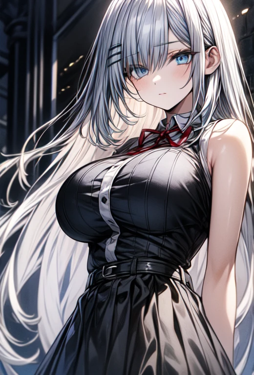 (masterpiece, best quality1.2), illustration, 8k, hd, 1girls, solo, white hair, long twintail, red eyes, ((huge breasts:1.1)), gothic ta, gothic loliress, bare_shoulders, cleavage, (skirt hold), (skirt lift), ((black lowleg panties)), (cowboy body),