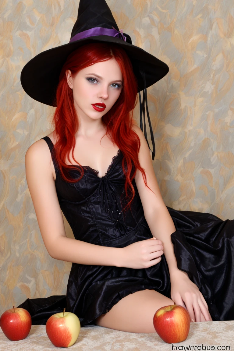 (full body shot:1.7) photorealistic image of a (sitting pose:1.3) woman, ultra realistic, photography, long red hair, girl, 24 years old, hourglass figure, perfect body, natural medium breasts, blur background, smokey eye make-up, long eyelashes, looking seductive, seduction, dreamy look, full body, full body picture, full body shot, wide angle, wide angle picture, wide angle shot, purple sexy witch costume, big purple witch hat, sitting on her broomstick and flying through the air, she wears knee high purple boots and has her legs crossed