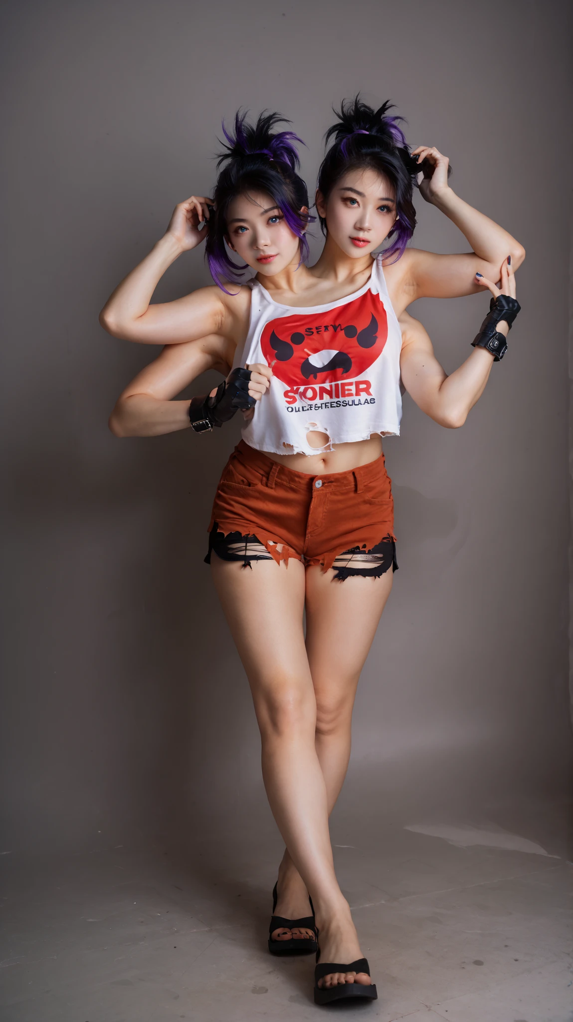 best resolution,anime woman with two heads, blue eyes, different hair colors, purple hair, black hair, different hairstyles, different hair-lengths, short hair, long hair, spiky hair, straight hair, hair down, tanktop, one shoulder bare, torn split color boyshorts, gloves, high leather bootschokers,four arms, kpop