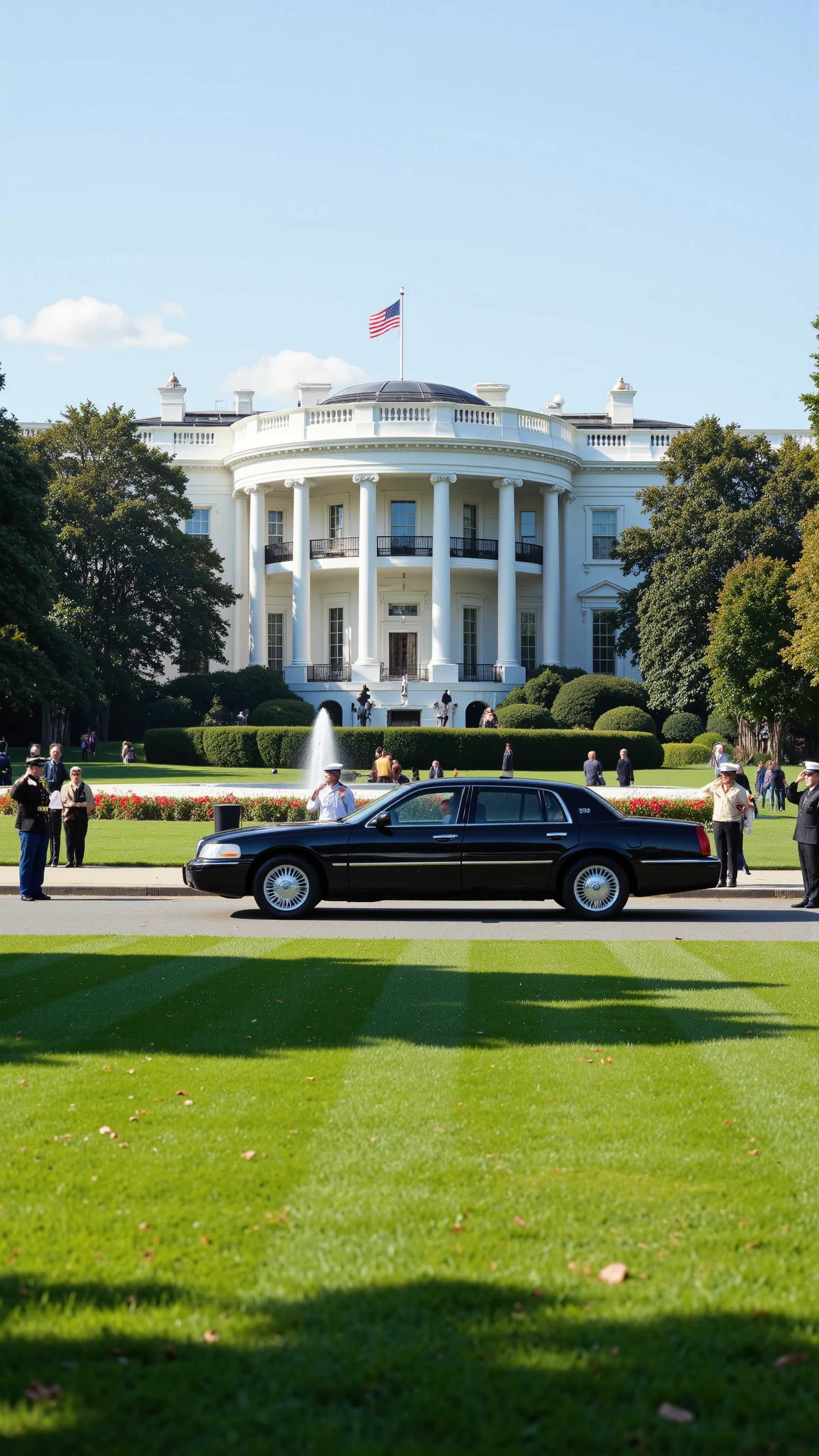 in high-definition images(photorealism:1.2)、The US President's car、Leaving the entrance to the White House.、Several Marines are saluting.、The beautiful lawn of the White House is dazzling.、The White House, cars and people are the main focus.、The background is only light and blue sky.。