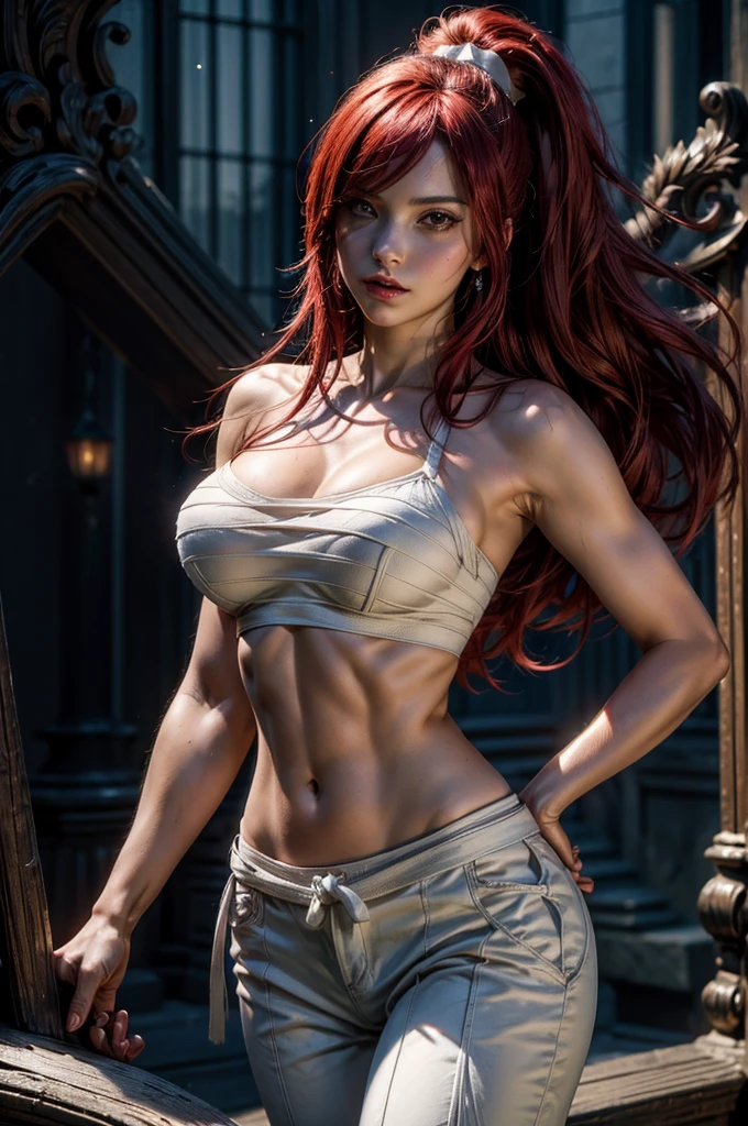 8k, Ultra HD, super details, high quality, high resolution. The heroine Scarlet Witch looks beautiful in a full-length photo, her body is sculptural, her long red and wavy hair is radiant in a perfect combination with her white skin, her bright blue eyes mesmerize everyone. She is wearing her heroine costume which consists of, a red bodice with a red cape, a red skirt and red boots, She also wears a red tiara. She looks very sexy, drawing attention to her big breasts and thick legs.