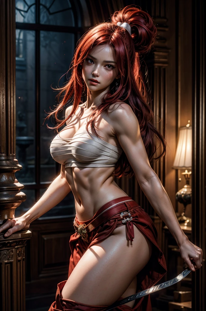 (naked girl: 1.3), (female warrior: 1.5), (redhead warrior girl: 1.3), 1 girl, solo, pretty girl, young girl, (red hair), (green eyes), thin girl, small breasts, pretty face, slim waist, thin legs , gap between thighs, (knight's armor), (steel breastplate, steel gauntlets, steel gloves: 1.1), (no pants: 1.3), front, (cowboy shot), medieval fantasy, Dungeons and dragons, RPG character, best quality, (masterpiece), ultra-realistic, 8k, (nsdw: 1.5)