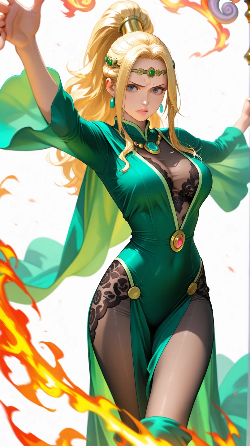 Little 18 year old girl bandit through hell、green kimono with lotus flowers、green flame. blue eyes. long legs, curly hair, very small covered breasts, body with green flames and an expression of fury, giving a flying kick, released fire from his feet , two pigtails in her hair, flying like a superhero, background a green chinese dragon behind her. sosten verde, green oriental clothing, showing great power by charging a dragon. Background in the distance a majestic dragon dragon