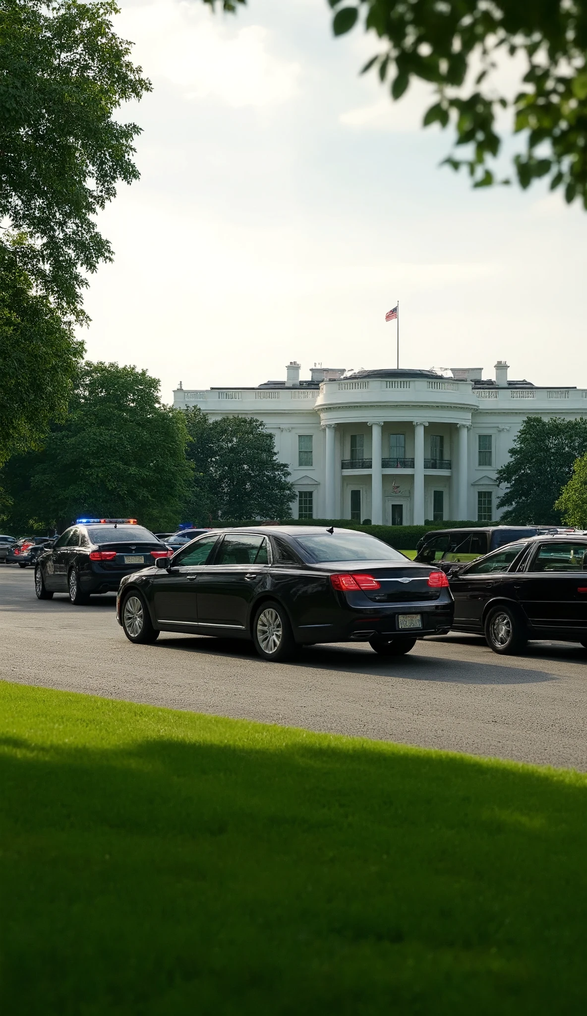 in high-definition images(photorealism:1.2)、The US President's car、Leaving the entrance to the White House.、Multiple police patrol cars are glowing red、The beautiful lawn of the White House is dazzling.、The White House is the protagonist、can be seen in a panorama of the presidential car and patrol car。