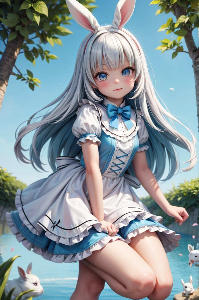 10 year old girl underwear, Realistic panties and bloomers made from patterned cotton fabric, White embroidered medieval blue gradient one-piece dress with panniers, Fabric Realism, Low - Angle, You can see the drawer, Pull up the dress by hand, Strong winds, Translucent slip, Translucent slip, tights, Highest quality, Crotch close-up, whole body, Skirt lining