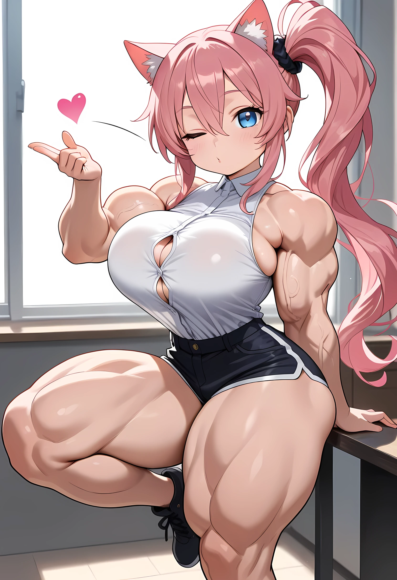 Perfect CG unity 8K UHD wallpaper, (((accurate anatomy))), (girl huge gigantic breasts cleavage showing bodybuilder muscular very toned body, pale skin, long pink colored hair in pigtails, vibrant glowing blue eyes, long detailed eyelashes) smiling sexy seductive facial expression, blushing, thick thighs, standing in a dynamic pose, wearing a school girl uniform and white knee high socks, in a classroom, perfect masterpiece, best quality, best resolution, (((Huge breasts))), ((long legs)), ((Female Bodybuilder)), ((((Muscular Legs)))), ((((Huge Muscles))))