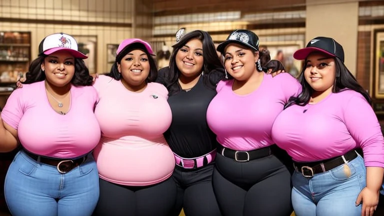 six extremely fat old latino women hugging, huge bust, 300 pounds, black pants, large stomach, lovehandles, smiling, bbw, plus size woman, wearing baseball cap, belt, massive and gigantic belly, wearing hoodie, hand on stomach, lying