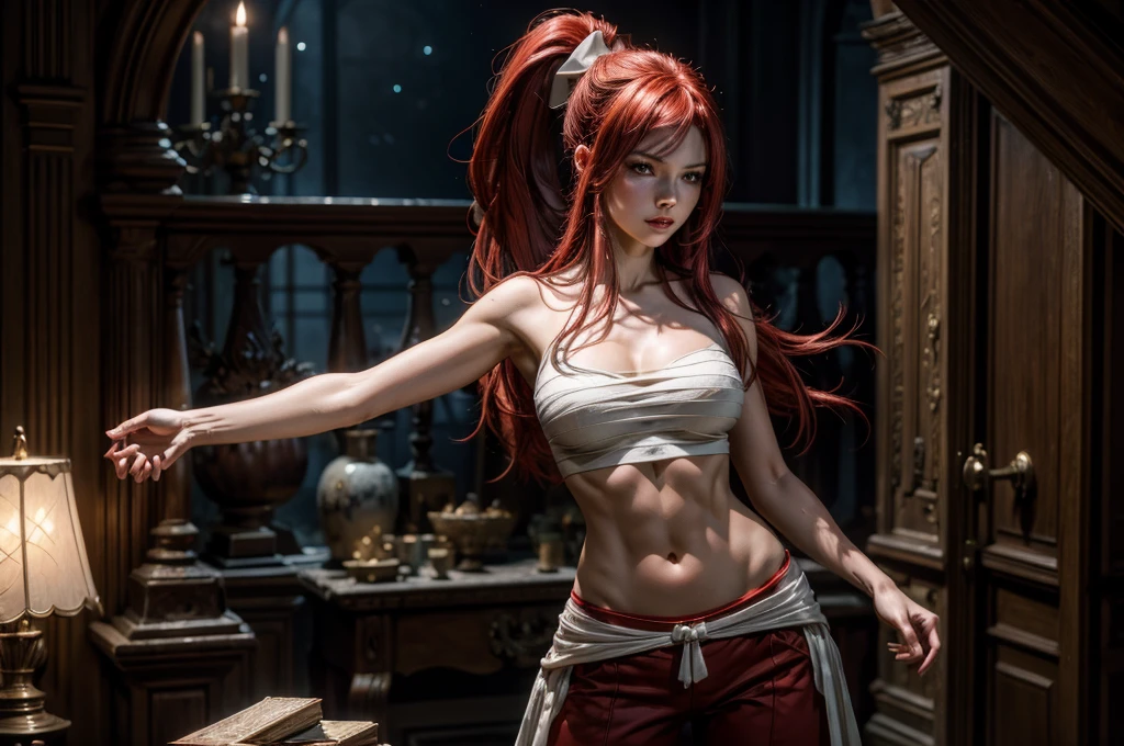 A red-haired girl wields the Heavy Thrusting Swords from within the Elden Ring in a reverse grip.