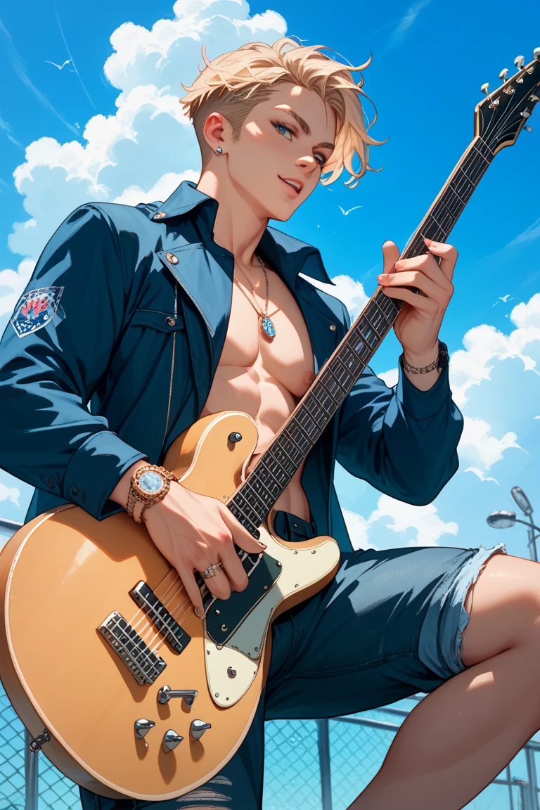 (masterpiece:1.2、top-quality), (1 Lady、Solo、The upper part of the body:1.2), hair:poneyTail, Clothing:Riders Jacket、Black Micro Bikini、Playing black electric guitar on the beach at night、Tanned skin、well-muscled、Meteor swarm、